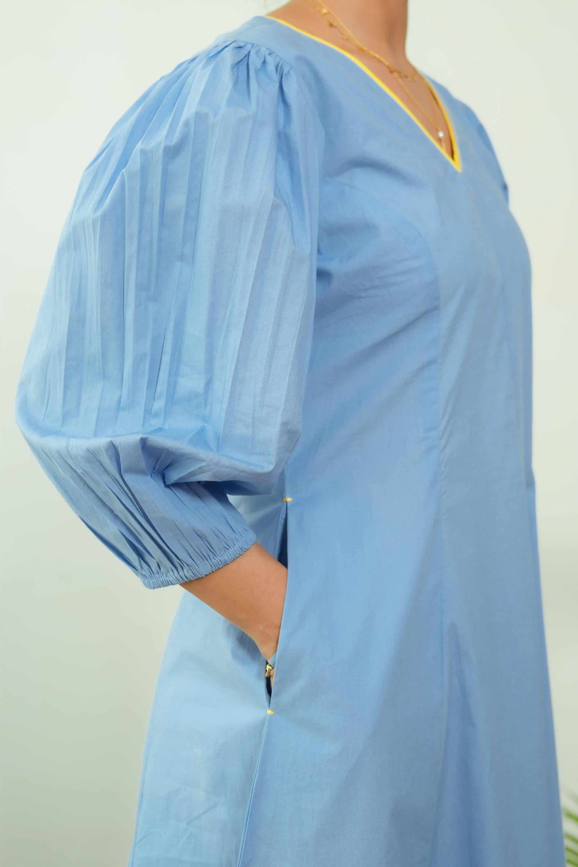 BUBBLEGUM POWDER BLUE  POPLIN PUFF SLEEVES MIDI DRESS