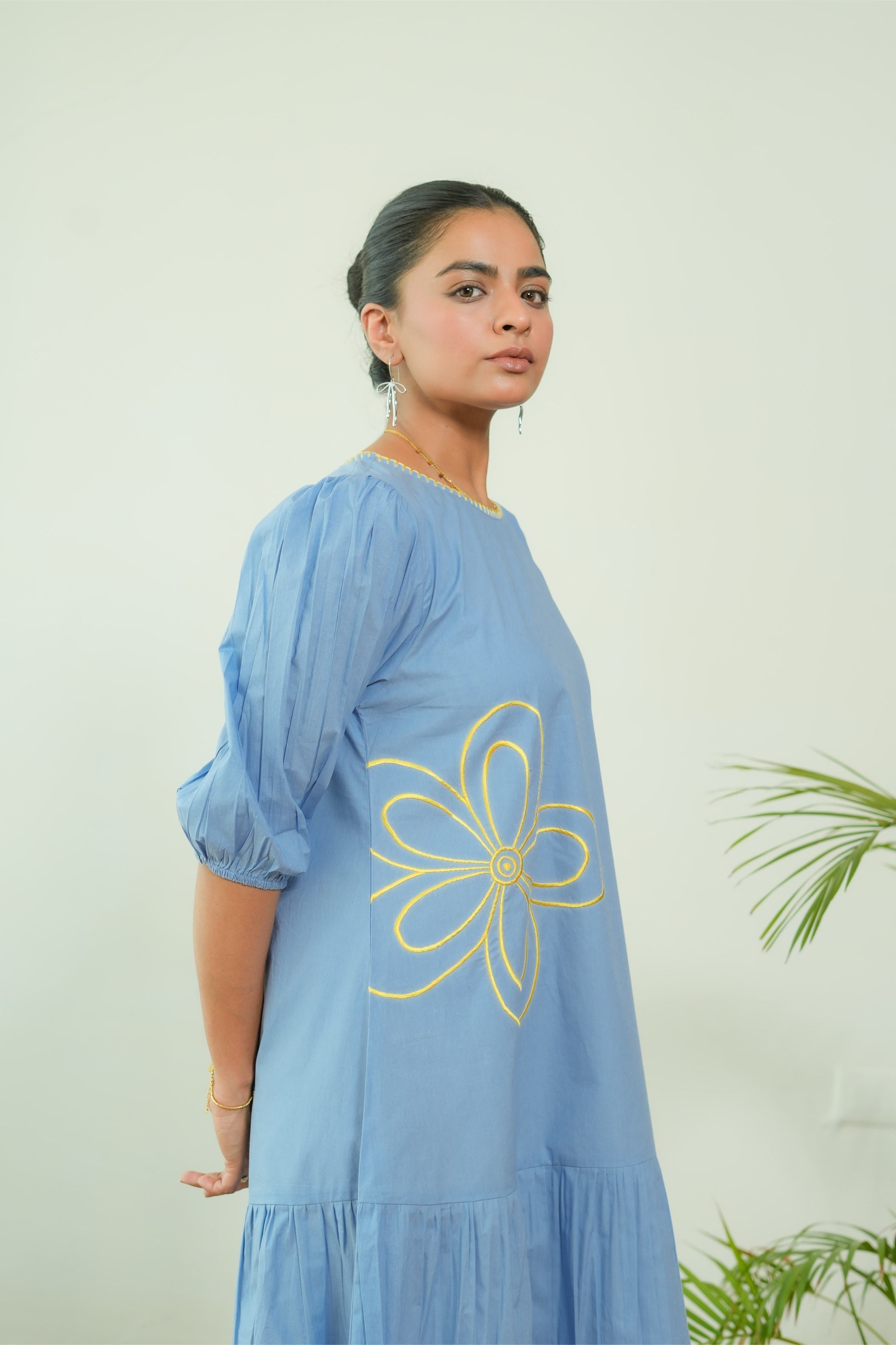 POWDER BLUE EMBROIDERED TIERED DRESS