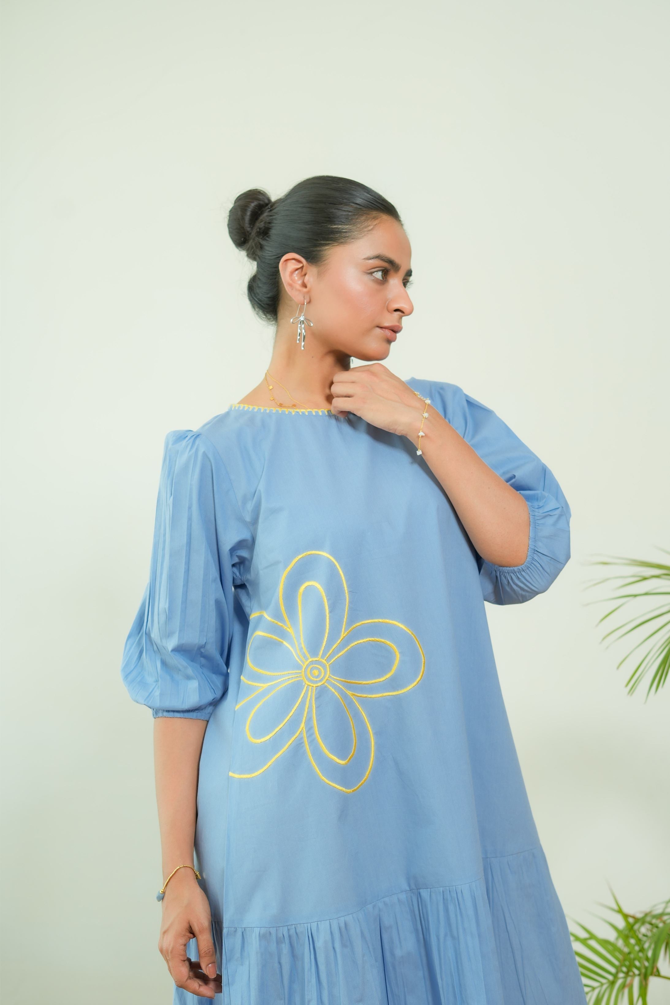 POWDER BLUE EMBROIDERED TIERED DRESS