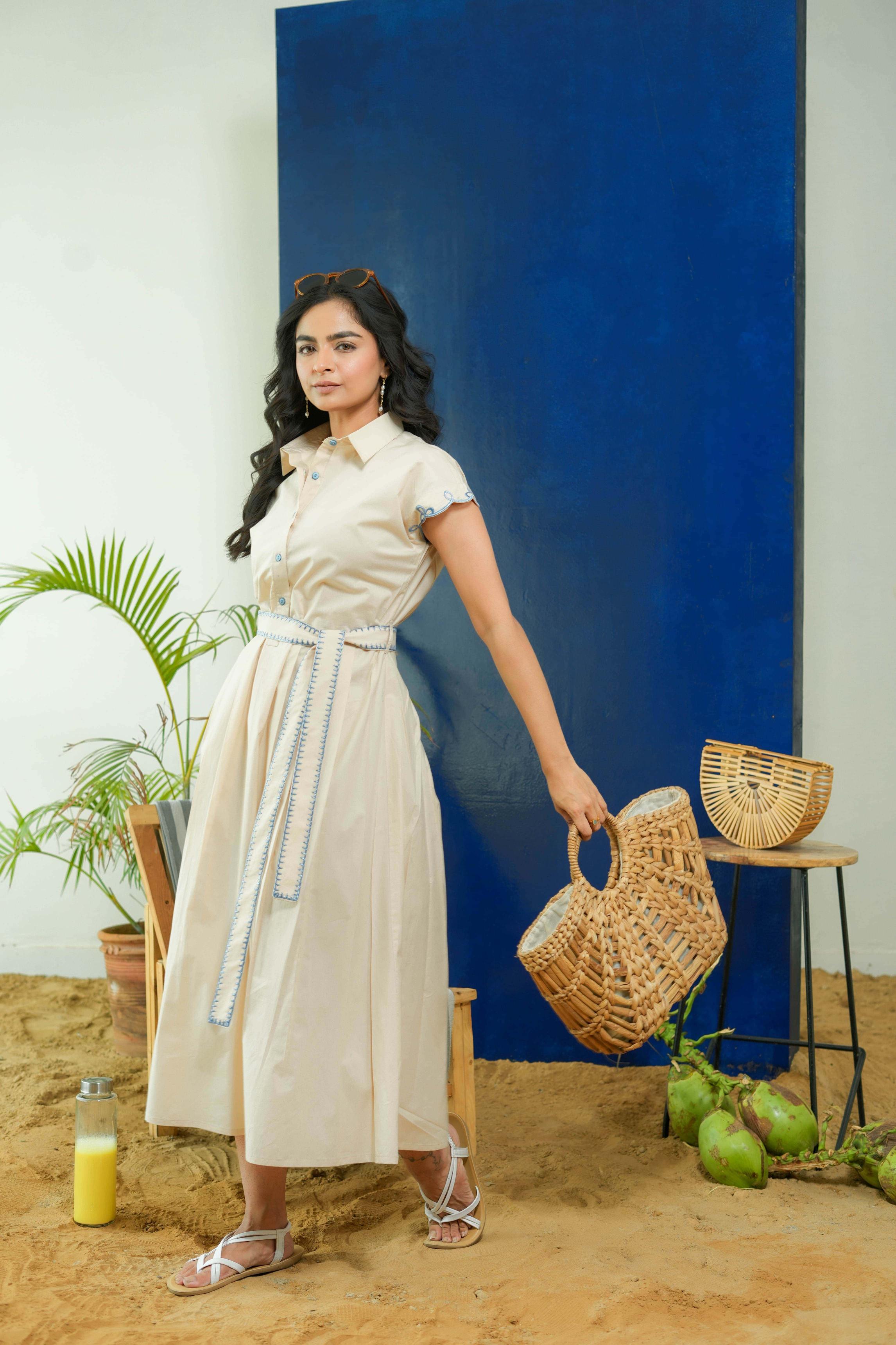 BEIGE POPLIN SHIRT DRESS WITH EMBROIDERED BELT