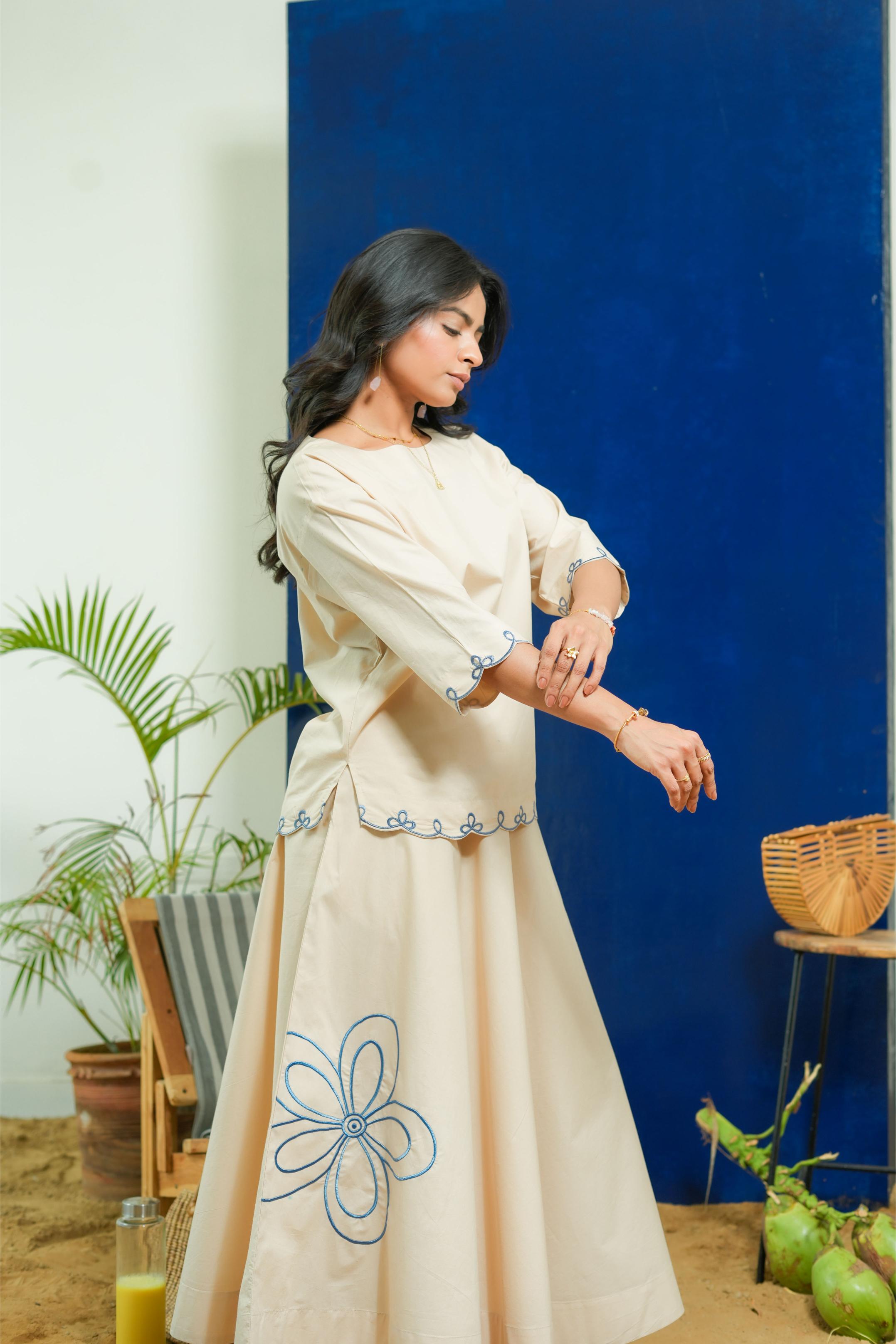 BEIGE BOXY TOP WITH A-LINE  SKIRT