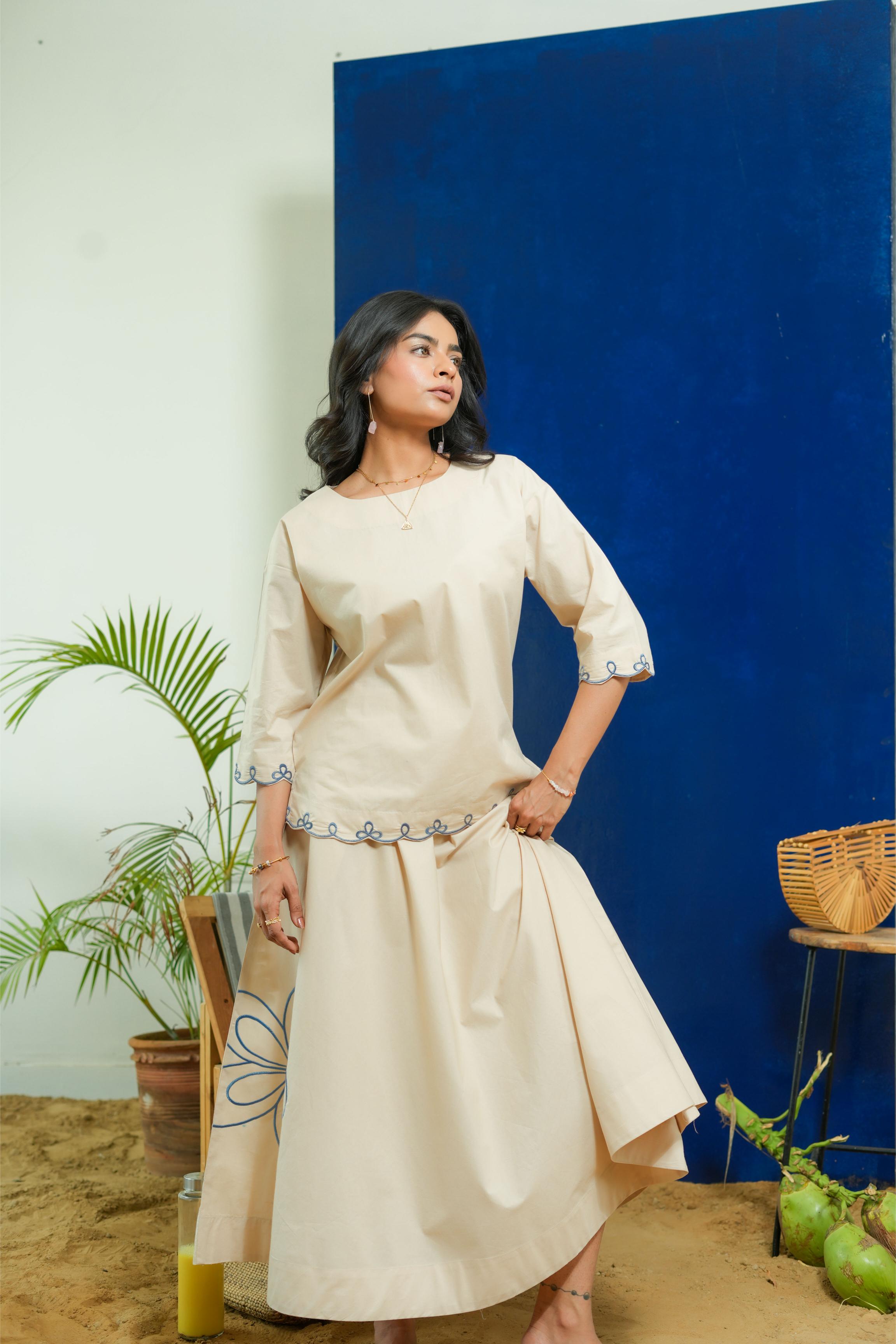 BEIGE BOXY TOP WITH A-LINE  SKIRT