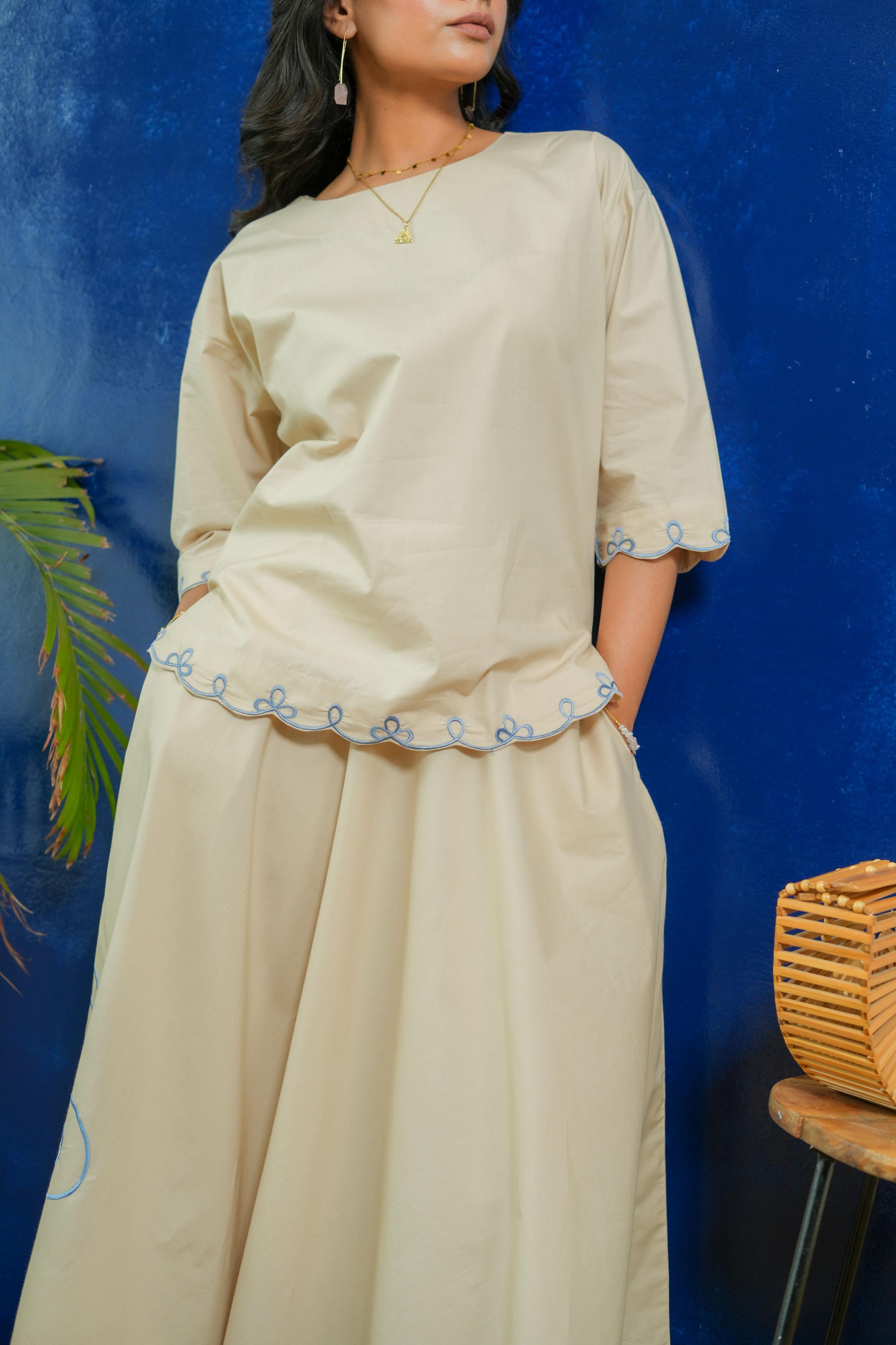 BEIGE BOXY TOP WITH A-LINE  SKIRT