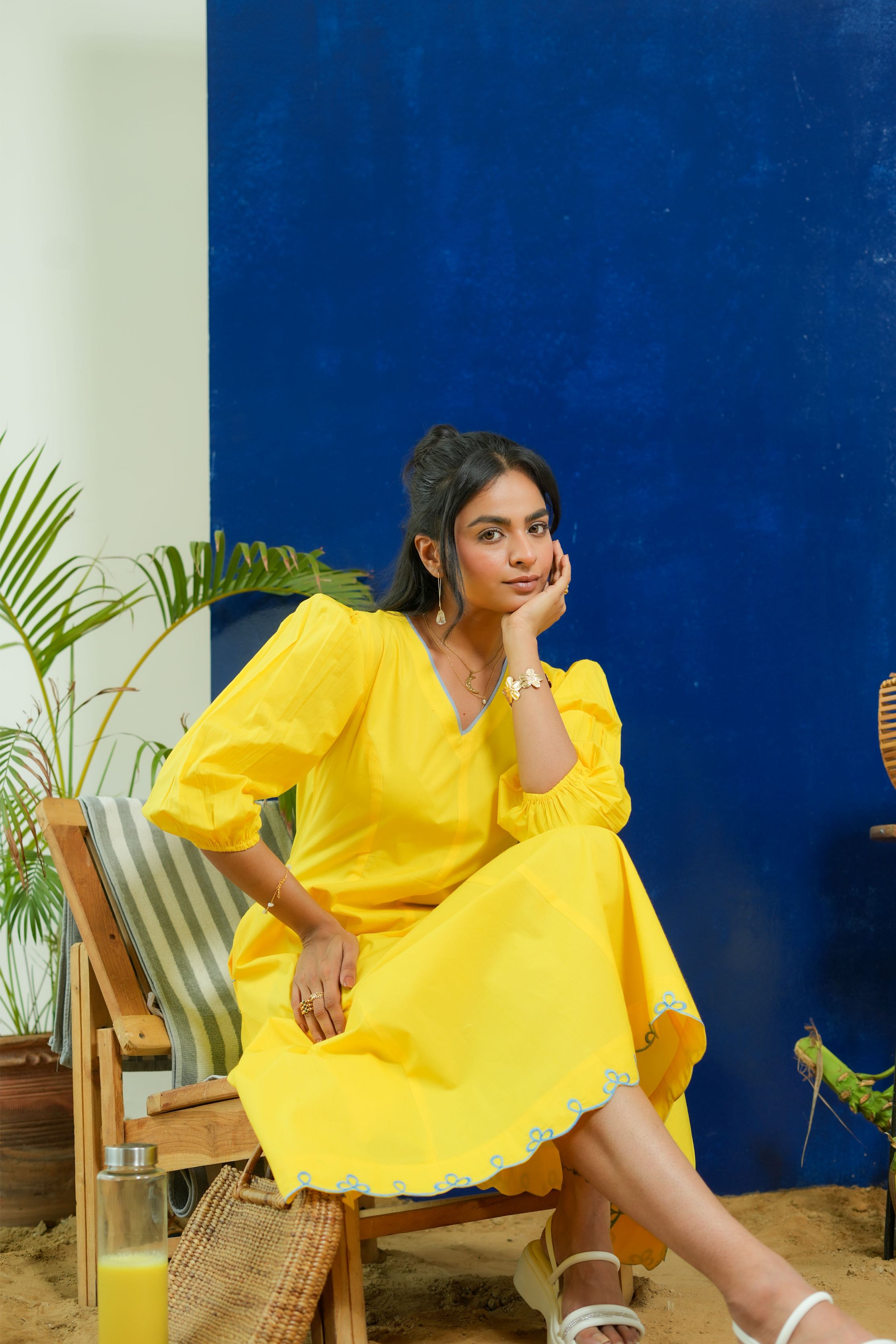 BUBBLEGUM LEMON YELLOW  POPLIN PUFF SLEEVES MIDI DRESS