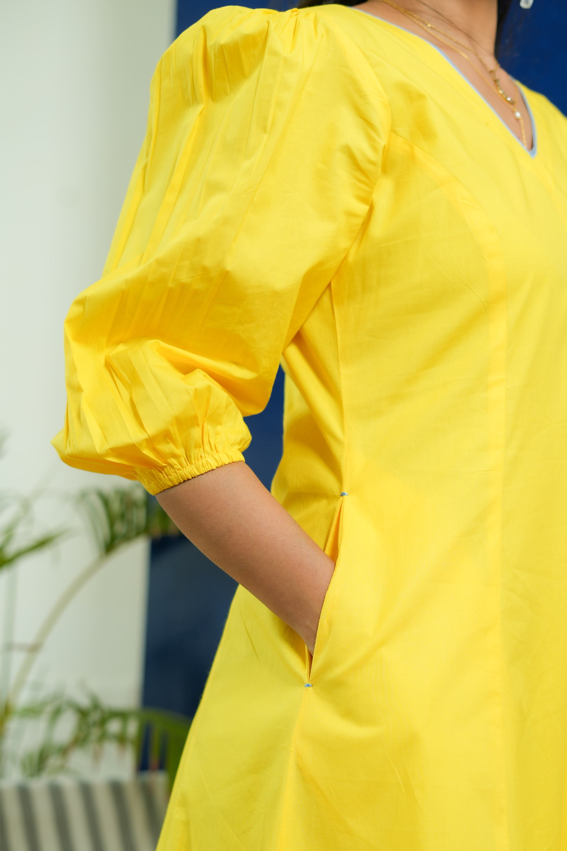BUBBLEGUM LEMON YELLOW  POPLIN PUFF SLEEVES MIDI DRESS