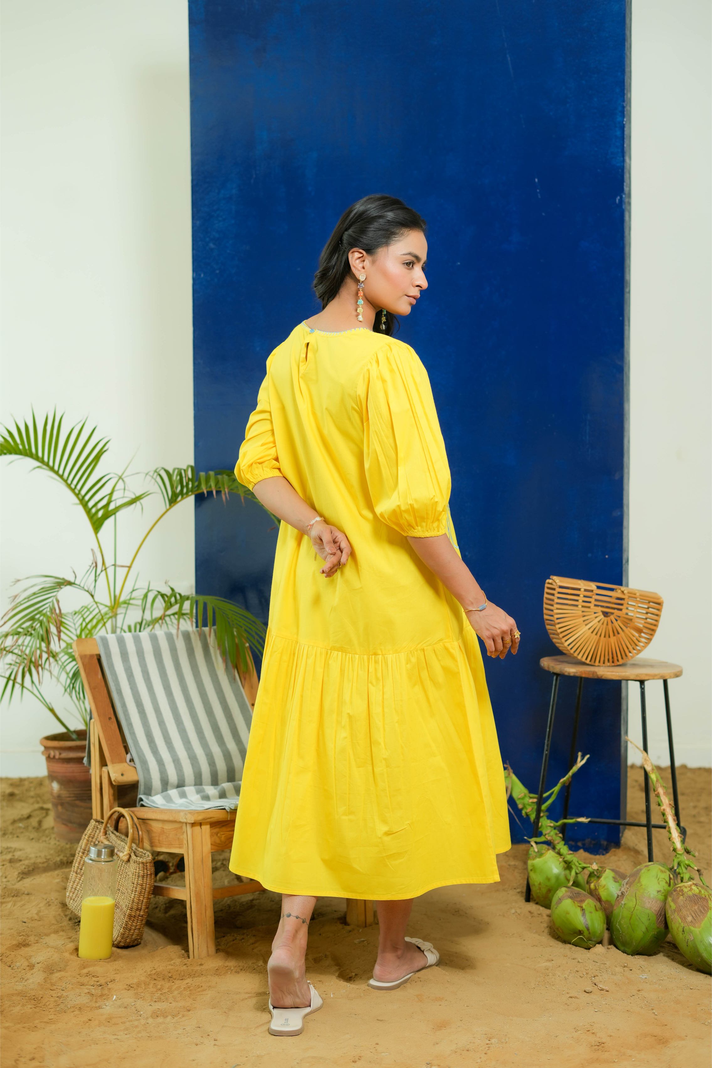 LEMON YELLOW POPLIN EMBROIDERED TIERED DRESS