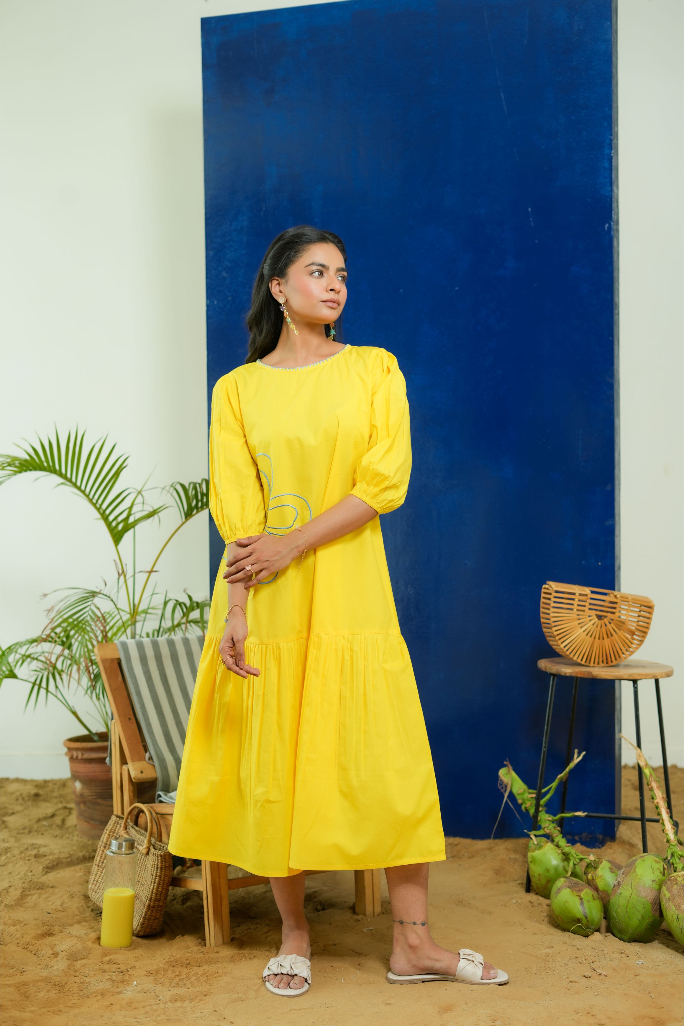 LEMON YELLOW POPLIN EMBROIDERED TIERED DRESS