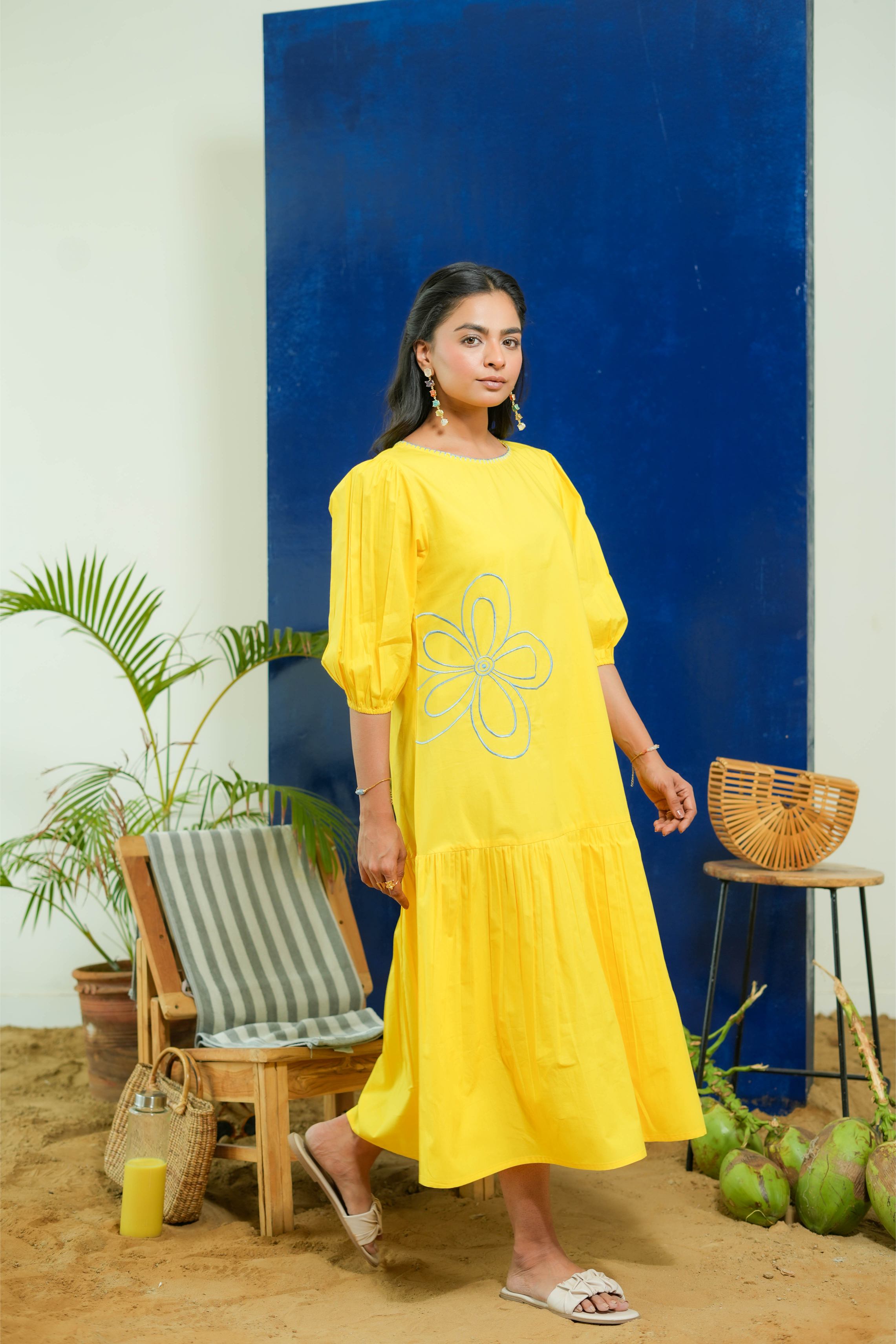 LEMON YELLOW POPLIN EMBROIDERED TIERED DRESS
