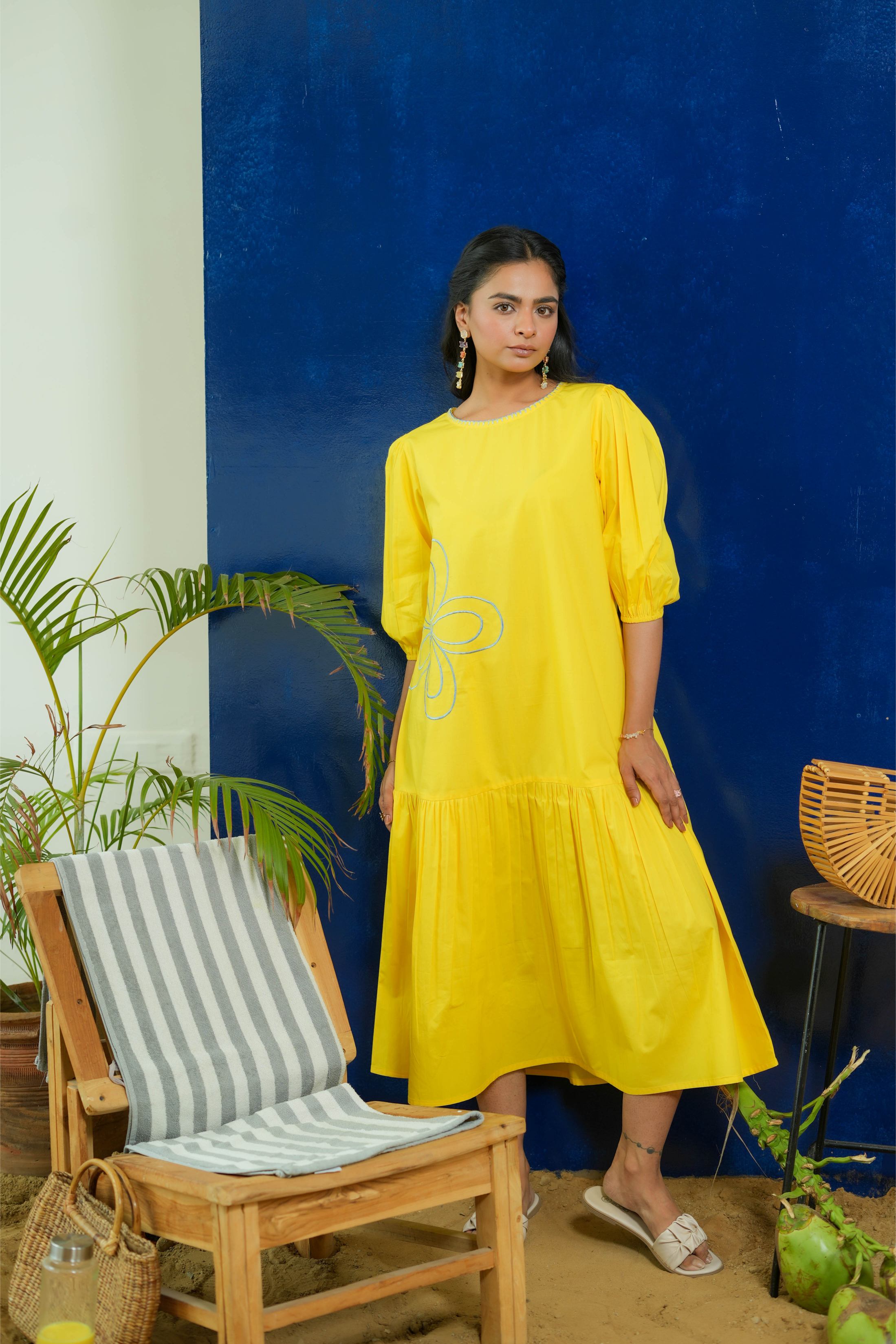 LEMON YELLOW POPLIN EMBROIDERED TIERED DRESS