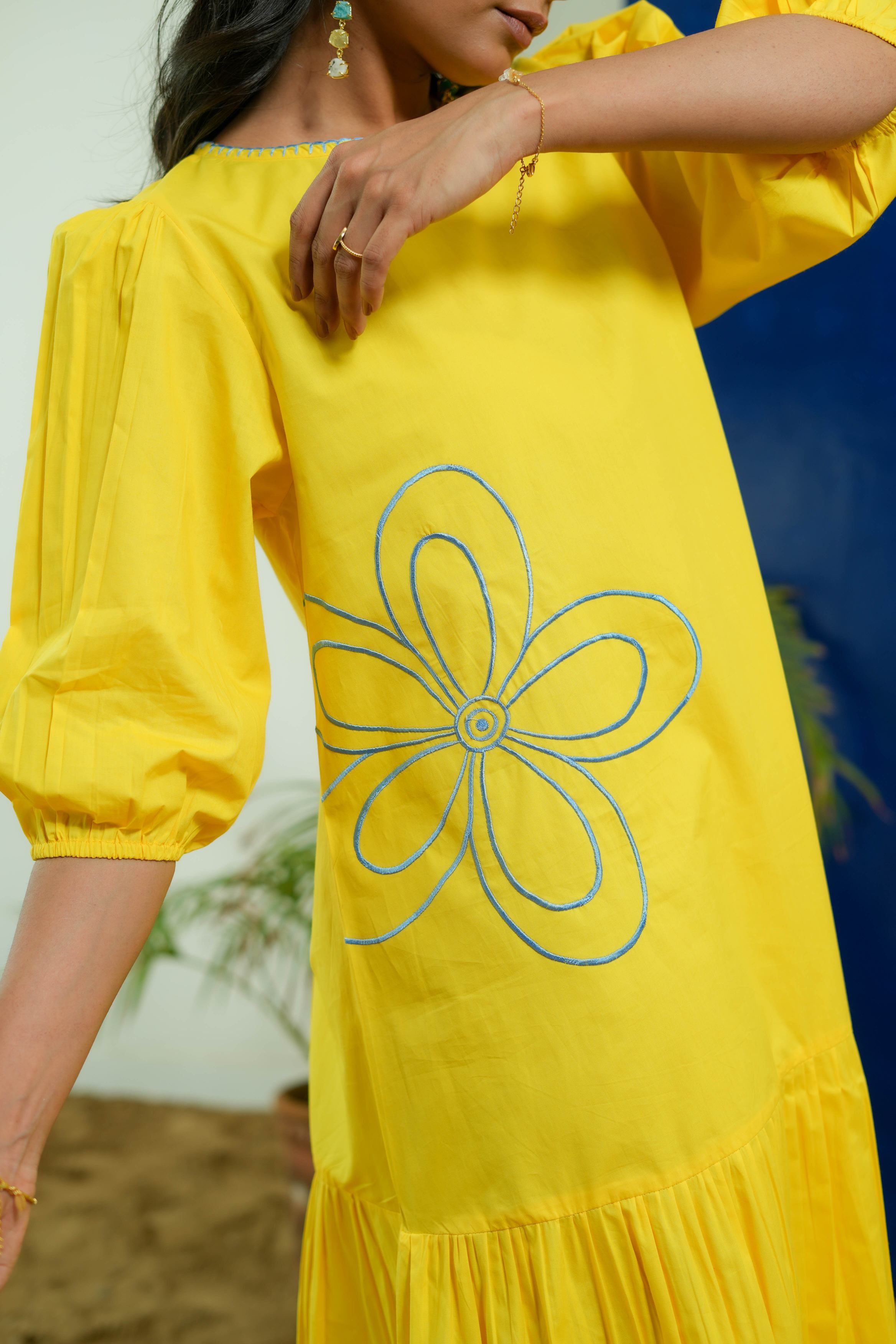 LEMON YELLOW POPLIN EMBROIDERED TIERED DRESS