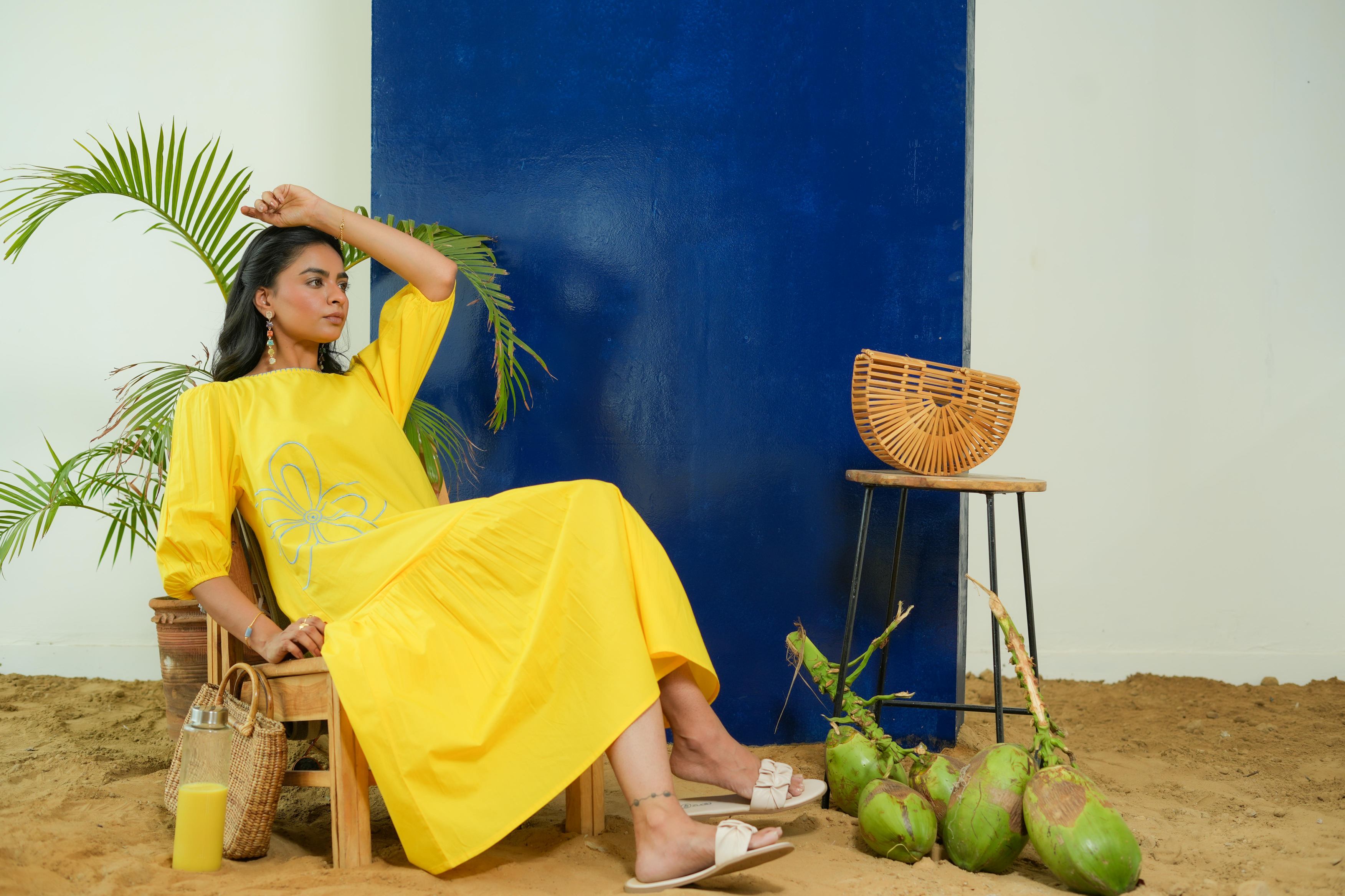 LEMON YELLOW POPLIN EMBROIDERED TIERED DRESS