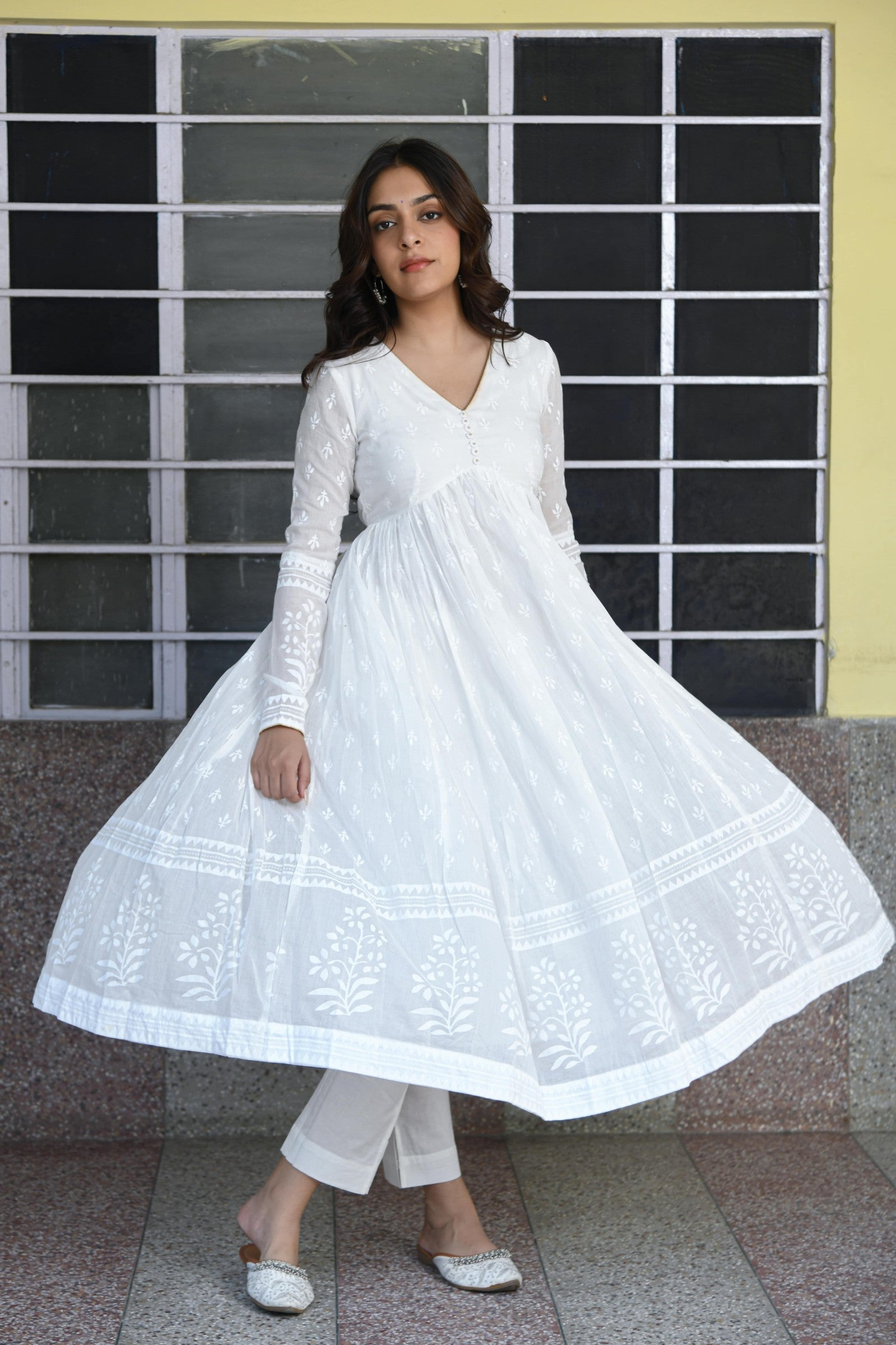 Khwabeeda All White Full Sleeves Anarkali Set (RTS)