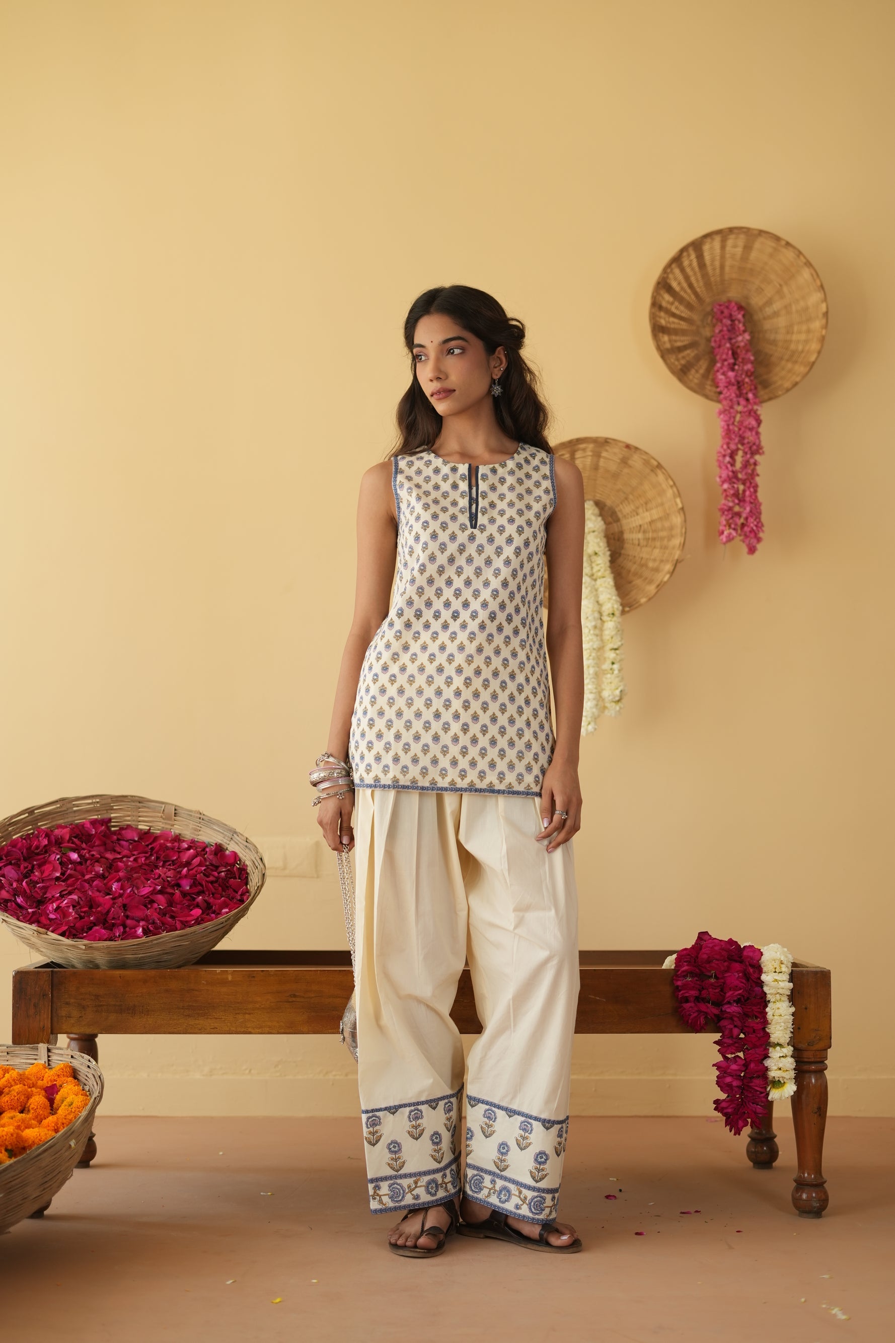 BLUE & OFF WHITE   ALINA KURTA WITH FARSI SALWAR SET OF 3