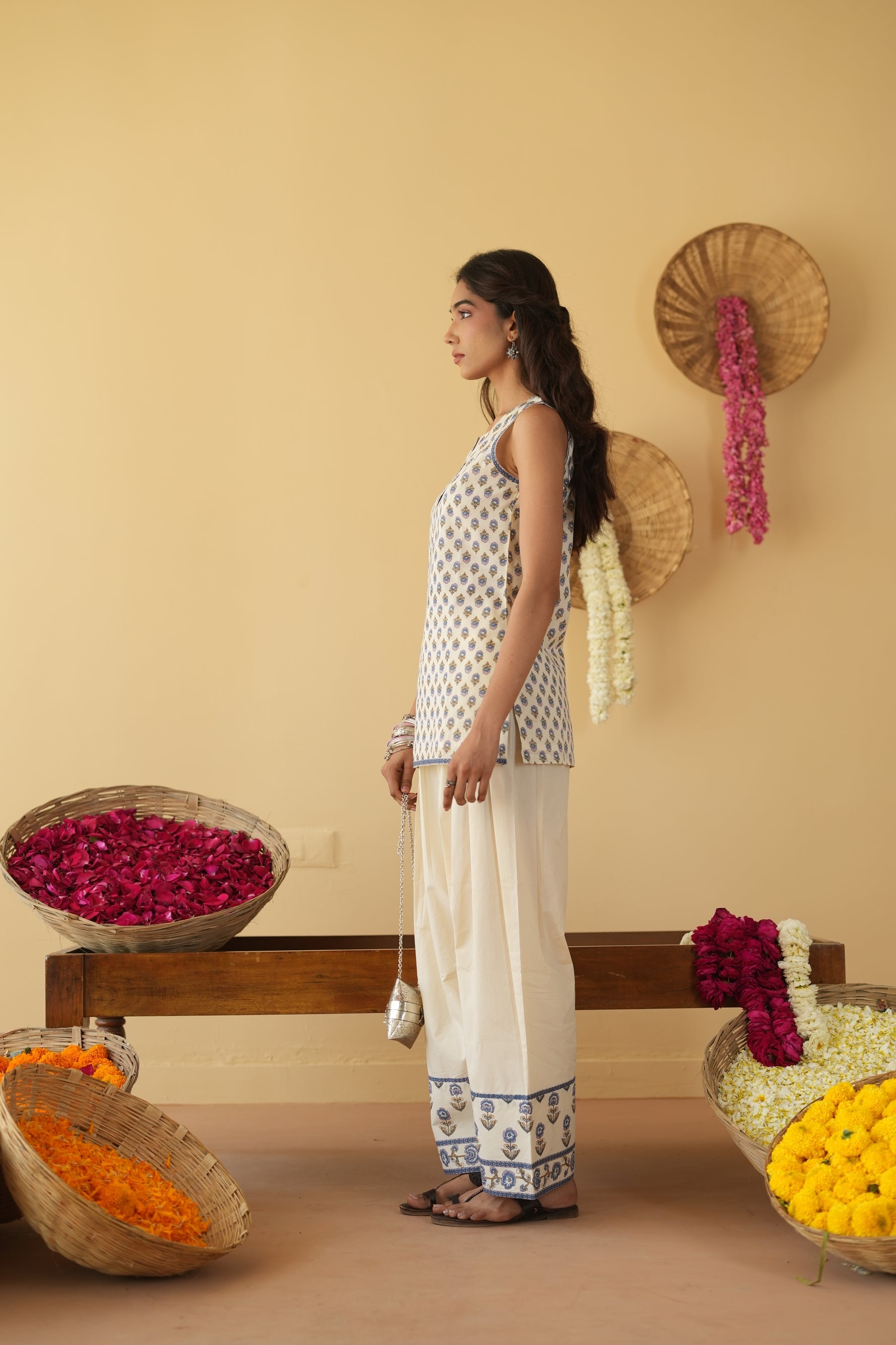 BLUE & OFF WHITE   ALINA KURTA WITH FARSI SALWAR SET OF 3