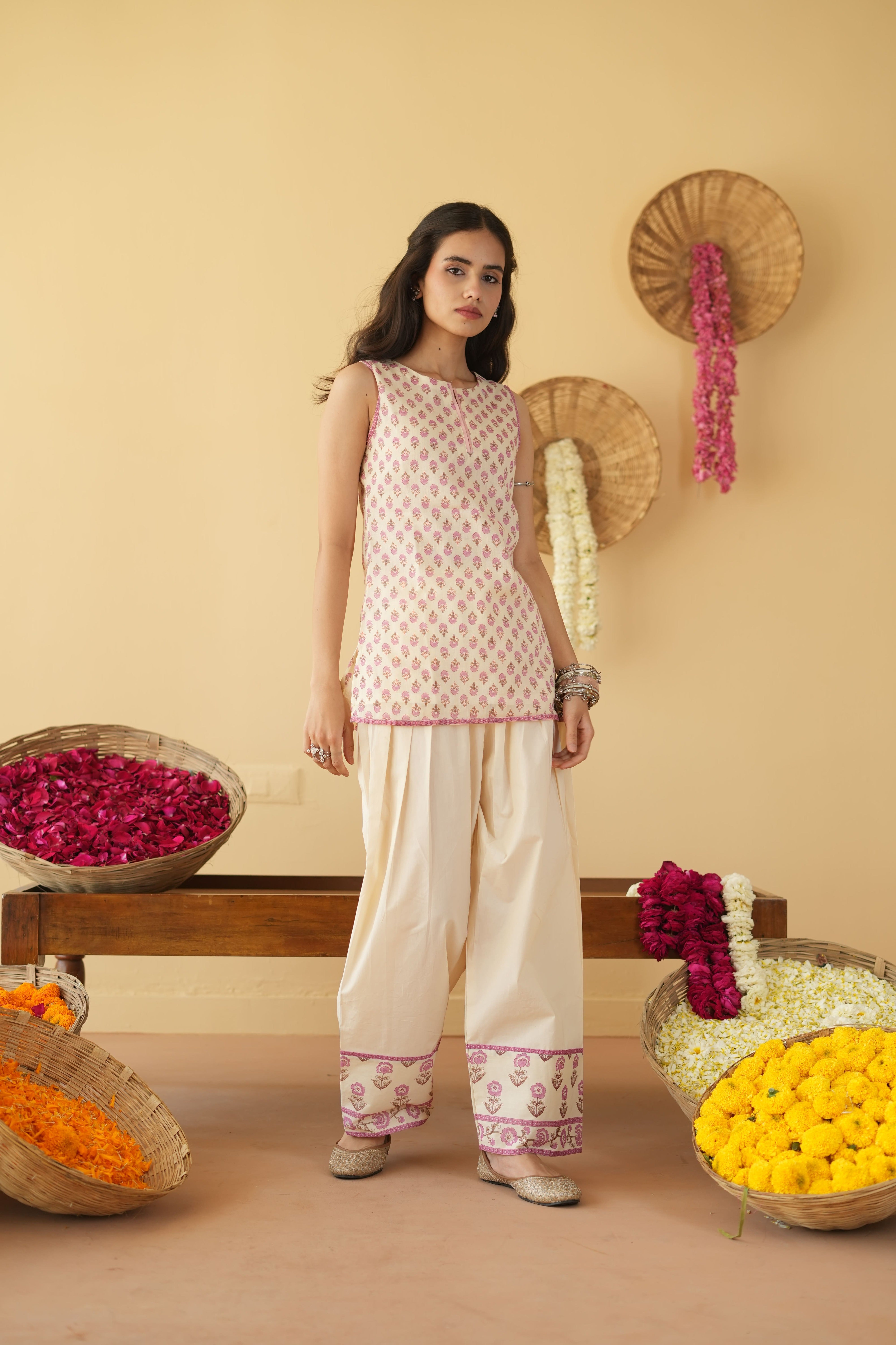 PINK AND OFF WHITE ALINA KURTA WITH FARSI SALWAR SET OF 3