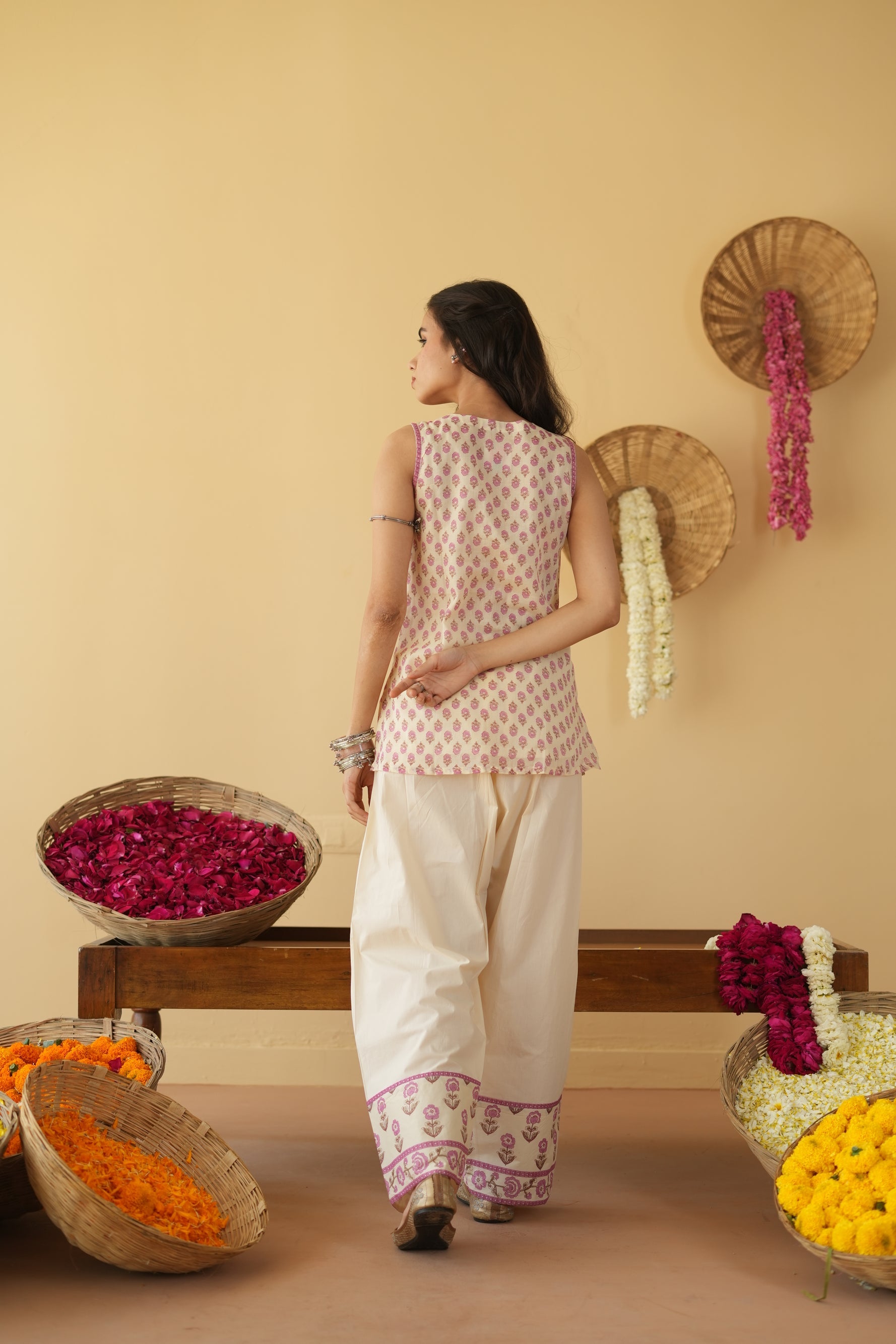 PINK AND OFF WHITE ALINA KURTA WITH FARSI SALWAR SET OF 3