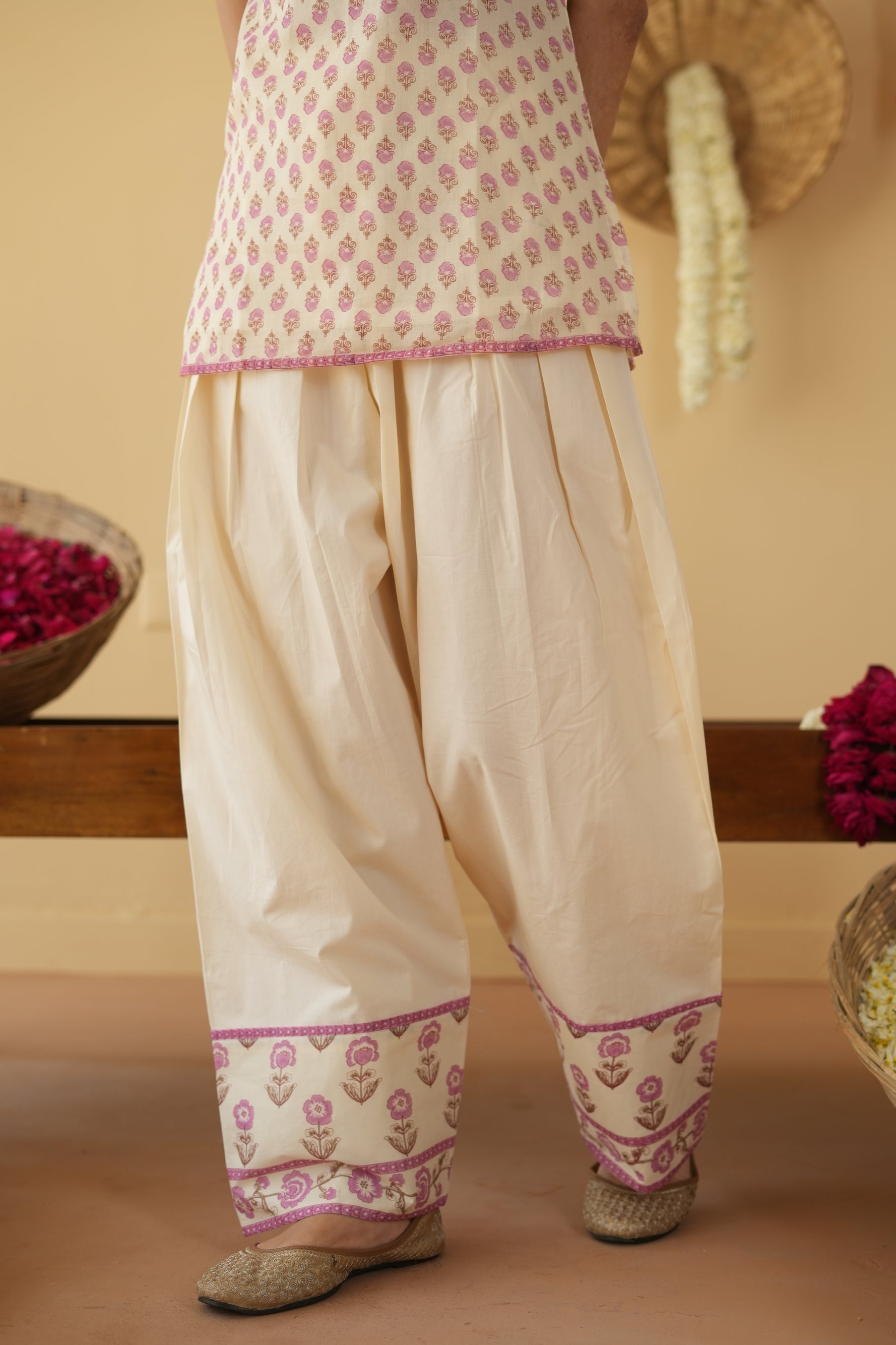 PINK AND OFF WHITE ALINA KURTA WITH FARSI SALWAR SET OF 3