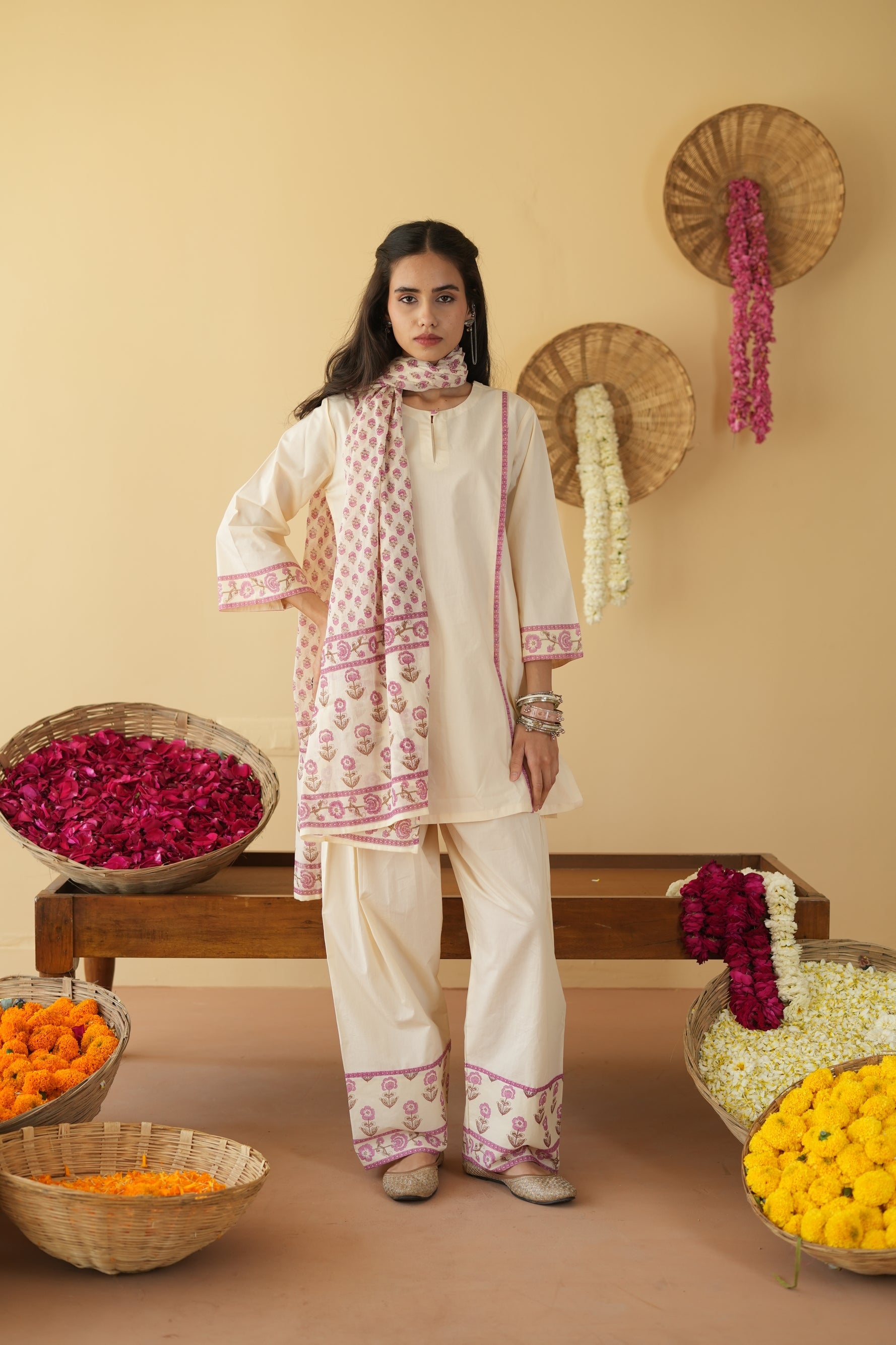 PINK AND OFF WHITE ZIVA KURTA WITH FARSI SALWAR SET OF 3