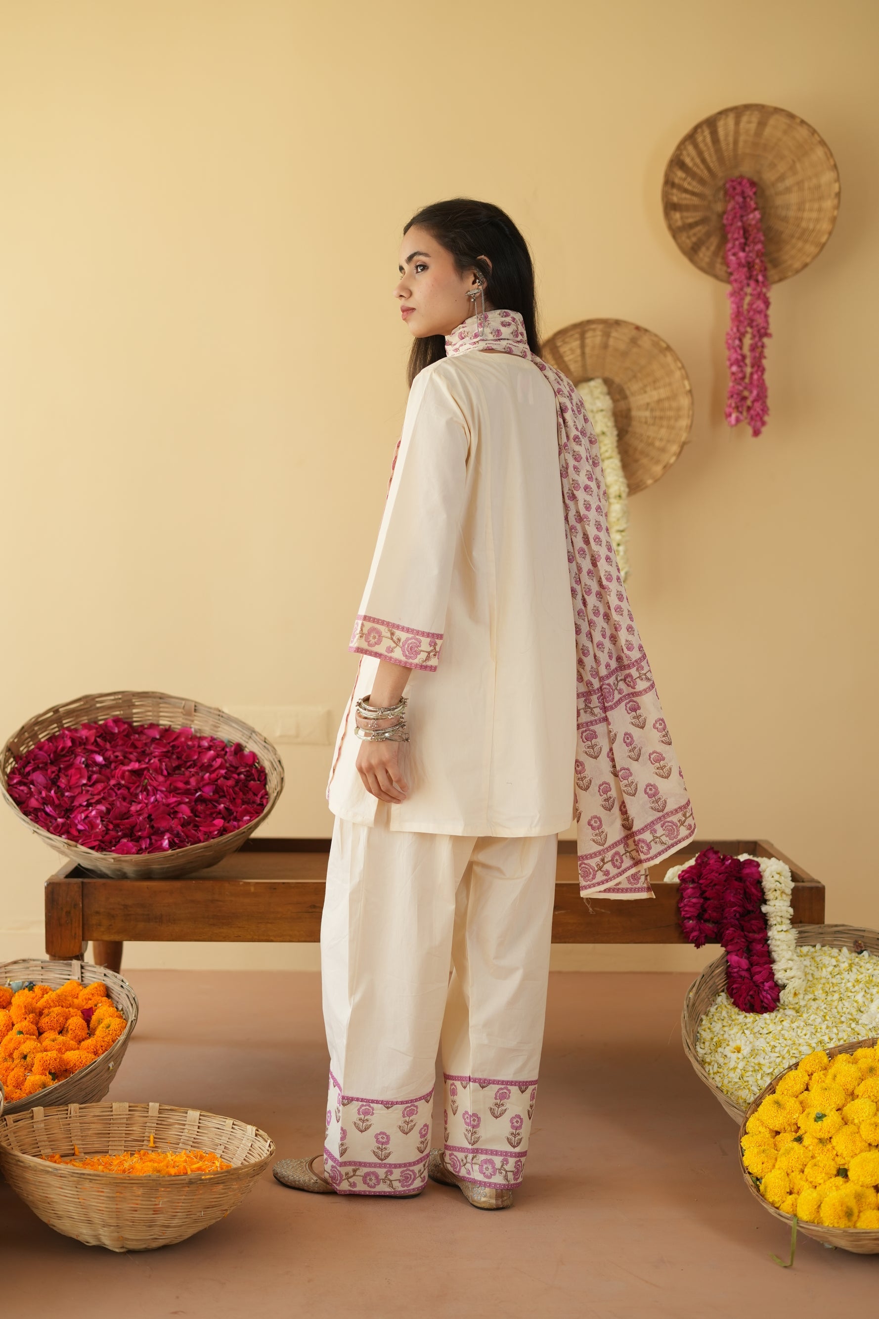 PINK AND OFF WHITE ZIVA KURTA WITH FARSI SALWAR SET OF 3