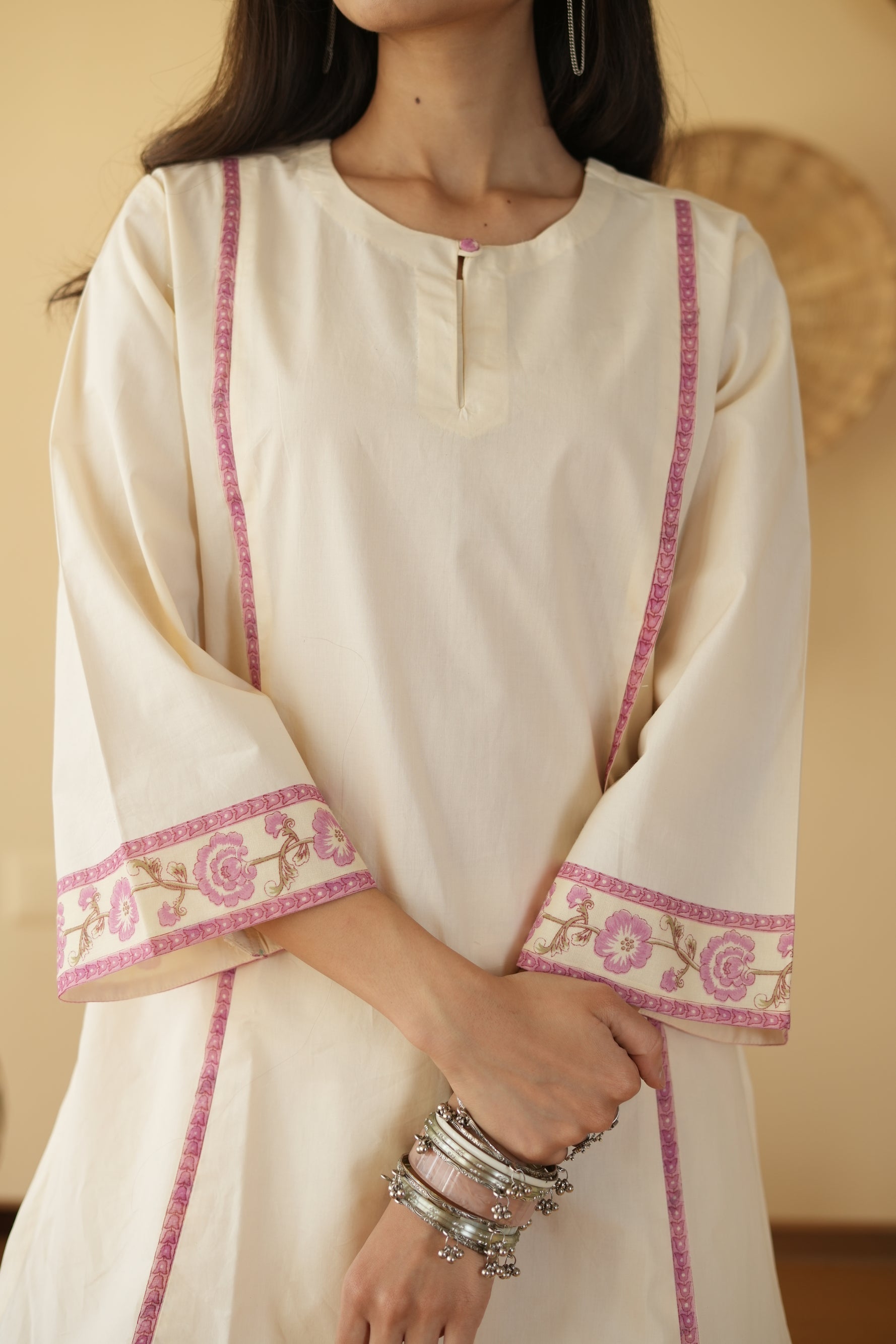 PINK AND OFF WHITE ZIVA KURTA WITH FARSI SALWAR SET OF 3