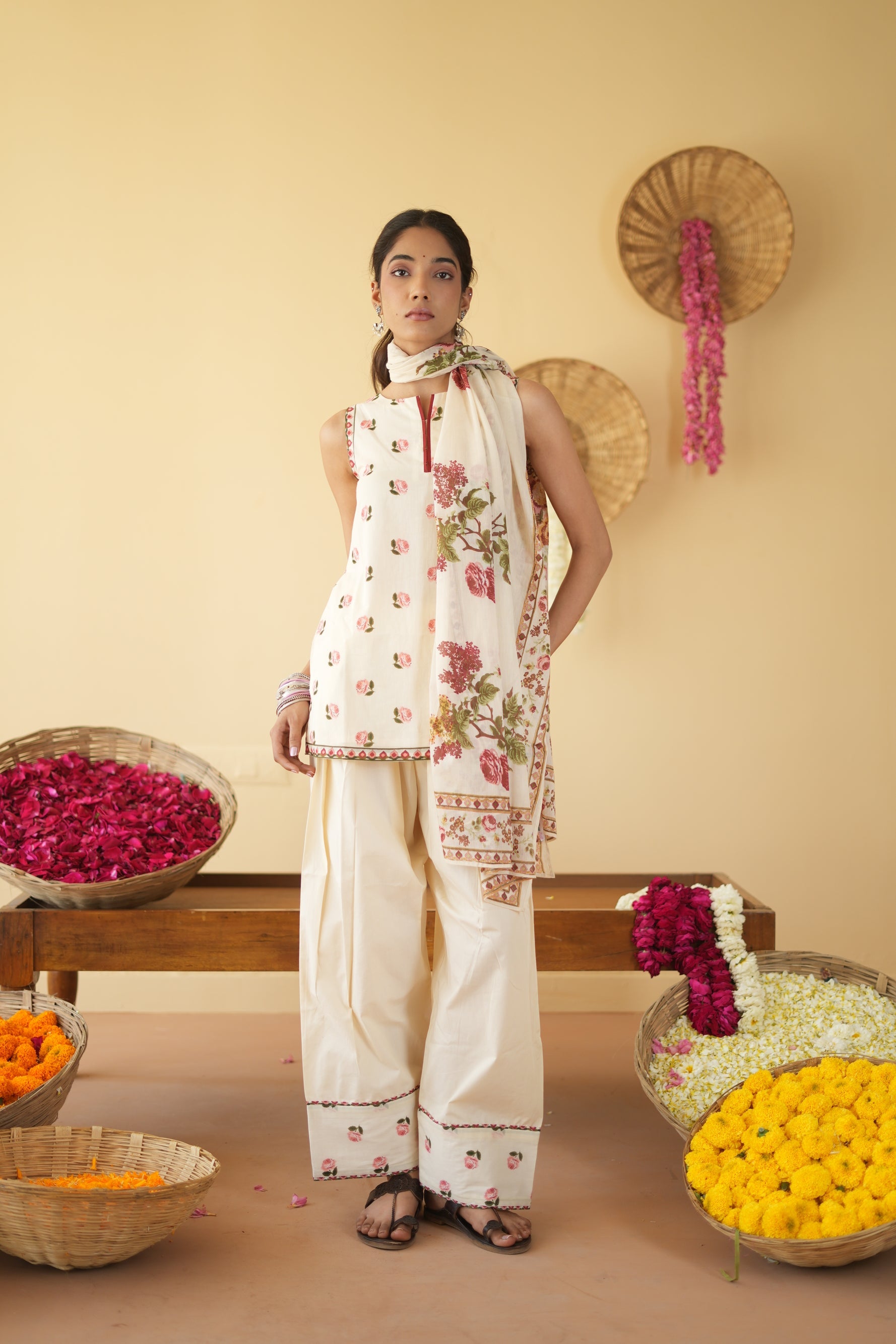 OFF WHITE  ROOH KURTA WITH FARSI SALWAR  SET OF 3