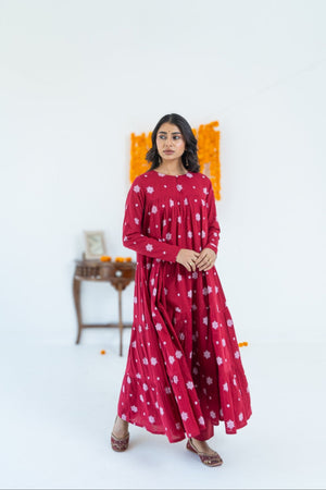 Kumkum Red Mul Cotton Tiered Anarkali Set (RTS)