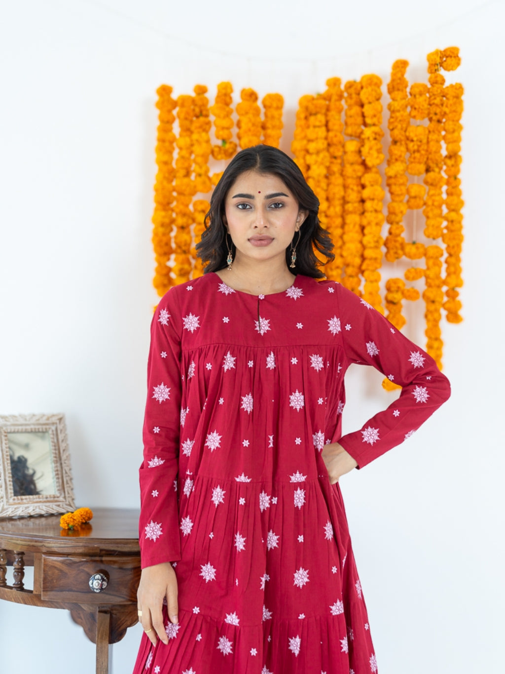 Kumkum Red Mul Cotton Tiered Anarkali Set (RTS)