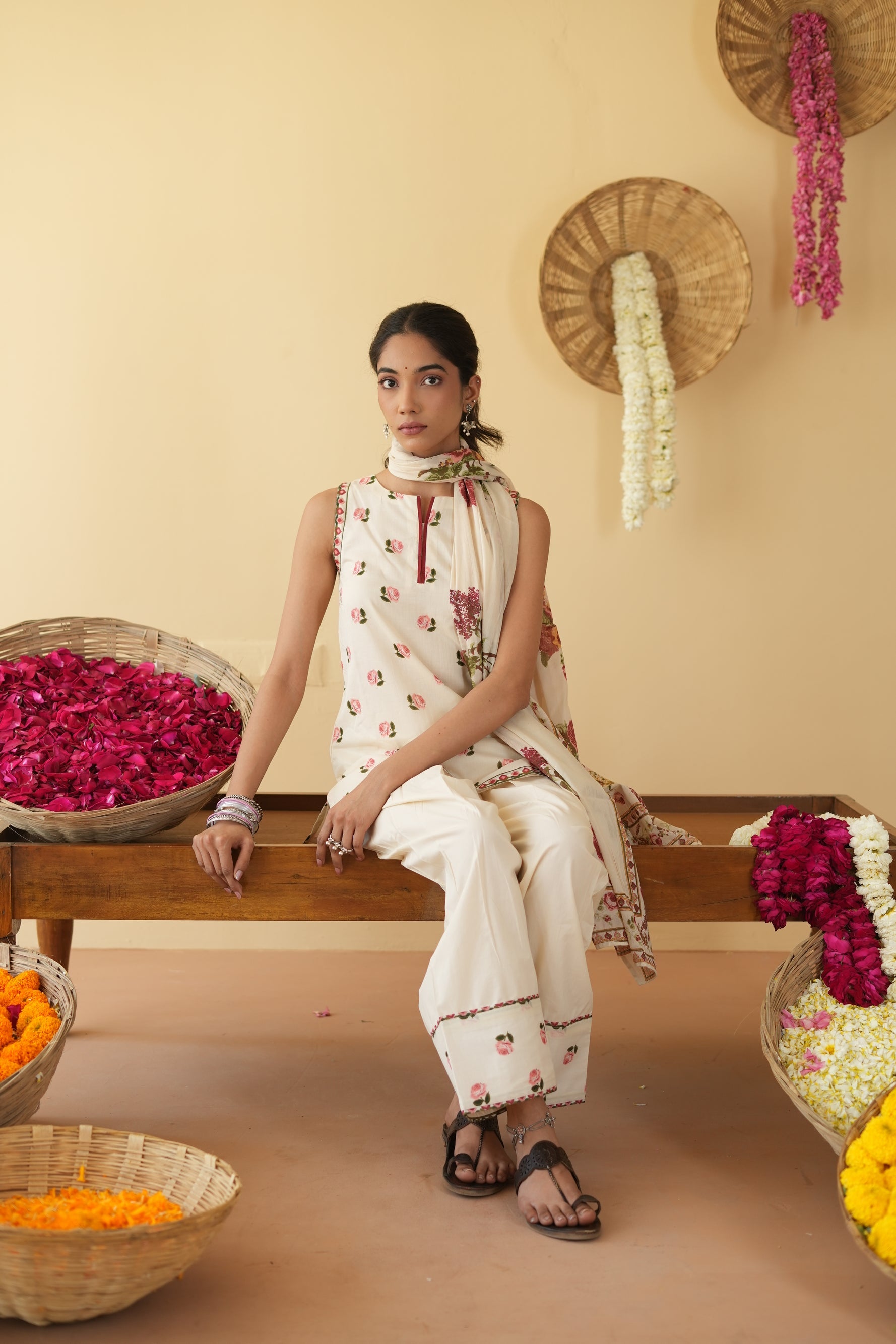 OFF WHITE  ROOH KURTA WITH FARSI SALWAR  SET OF 3