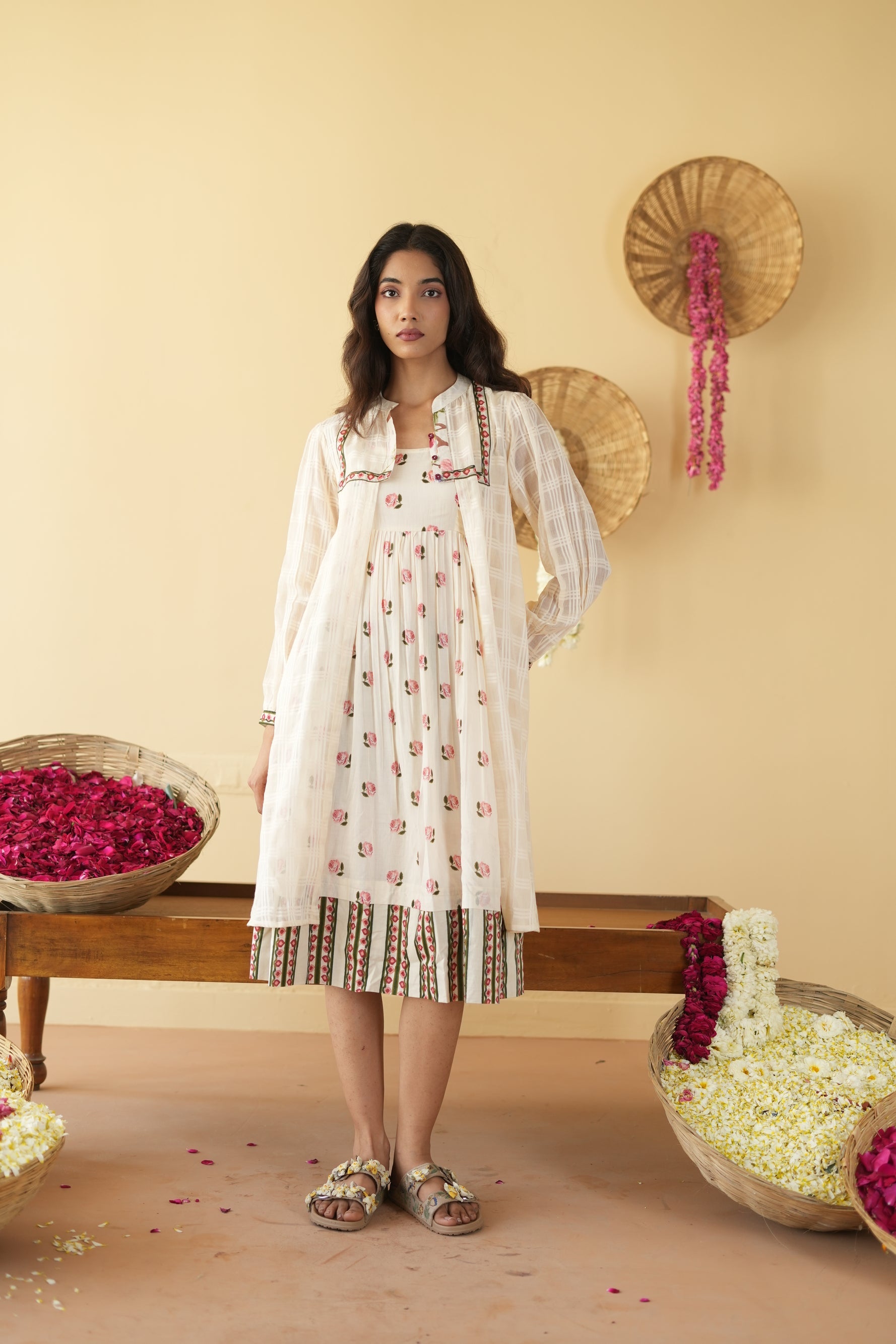 OFF WHITE PANKHUDI  DRESS WITH JACKET SET OF 2