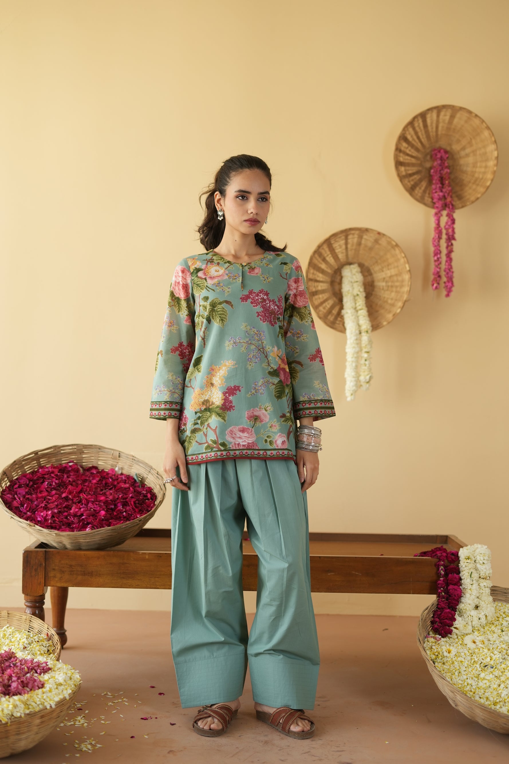 SAGE GREEN NEHER  KURTA WITH FARSI SALWAR  SET OF 3