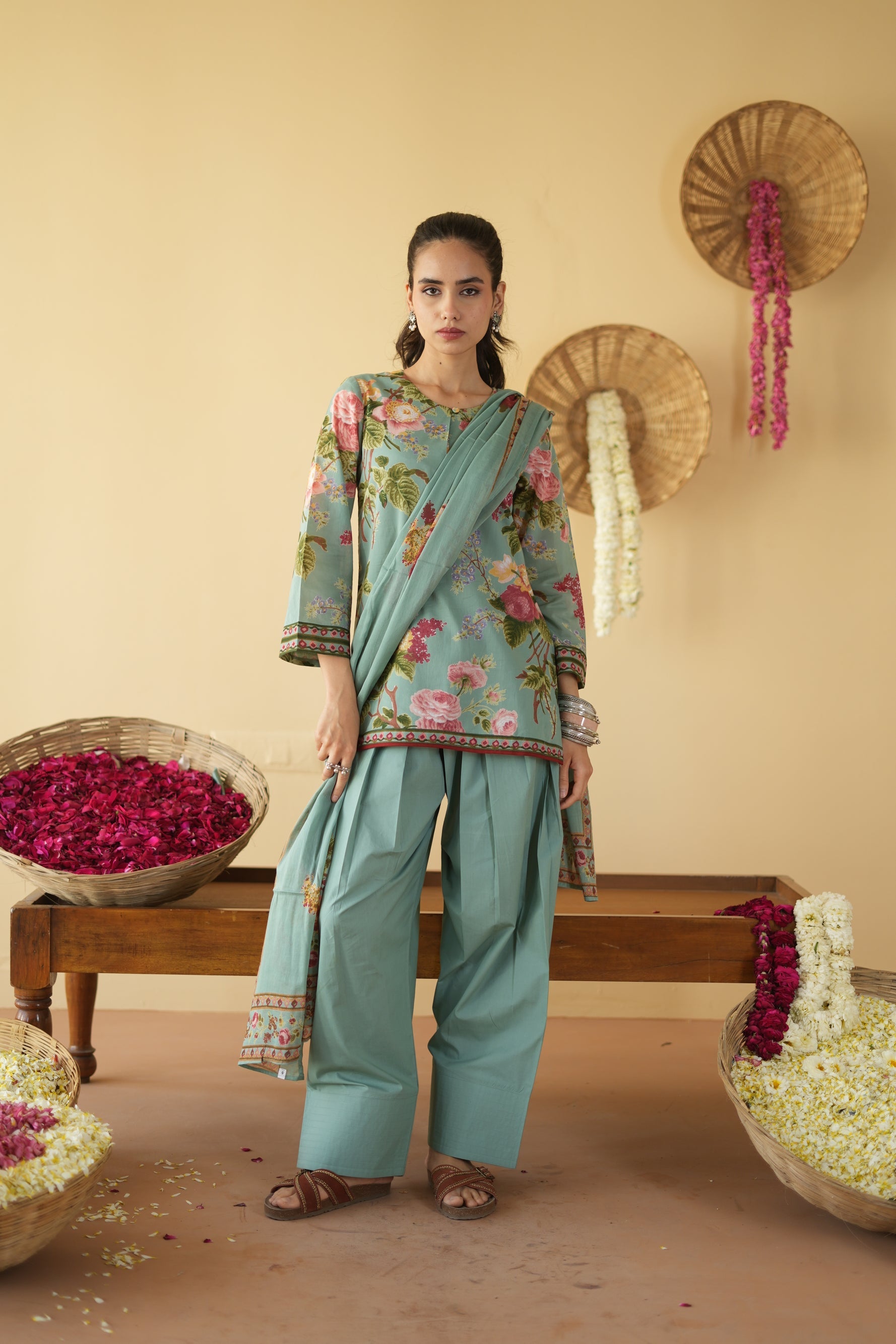 SAGE GREEN NEHER  KURTA WITH FARSI SALWAR  SET OF 3