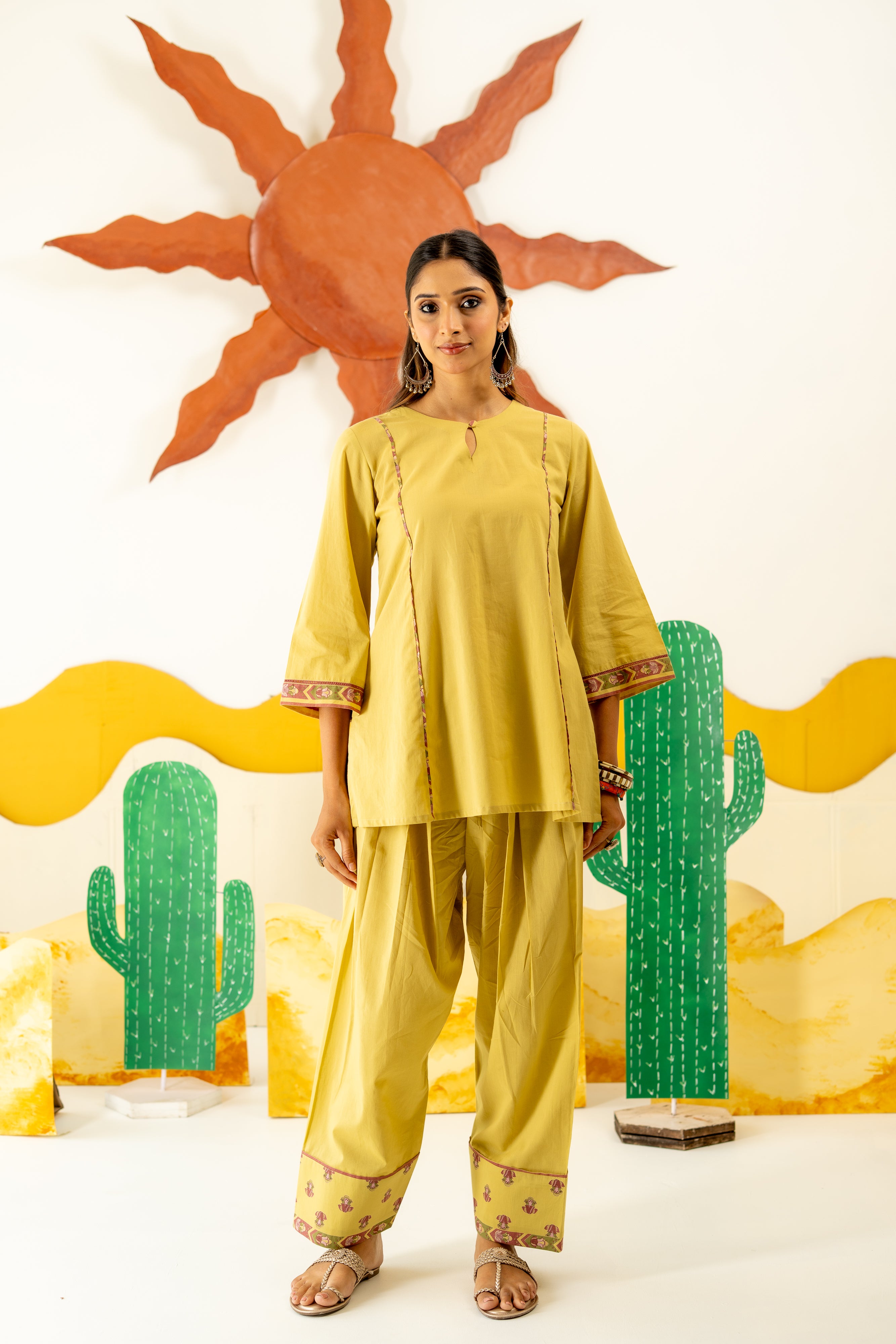 WARM OLIVE MAYARA KURTA AND FARSI SALWAR SET OF 3