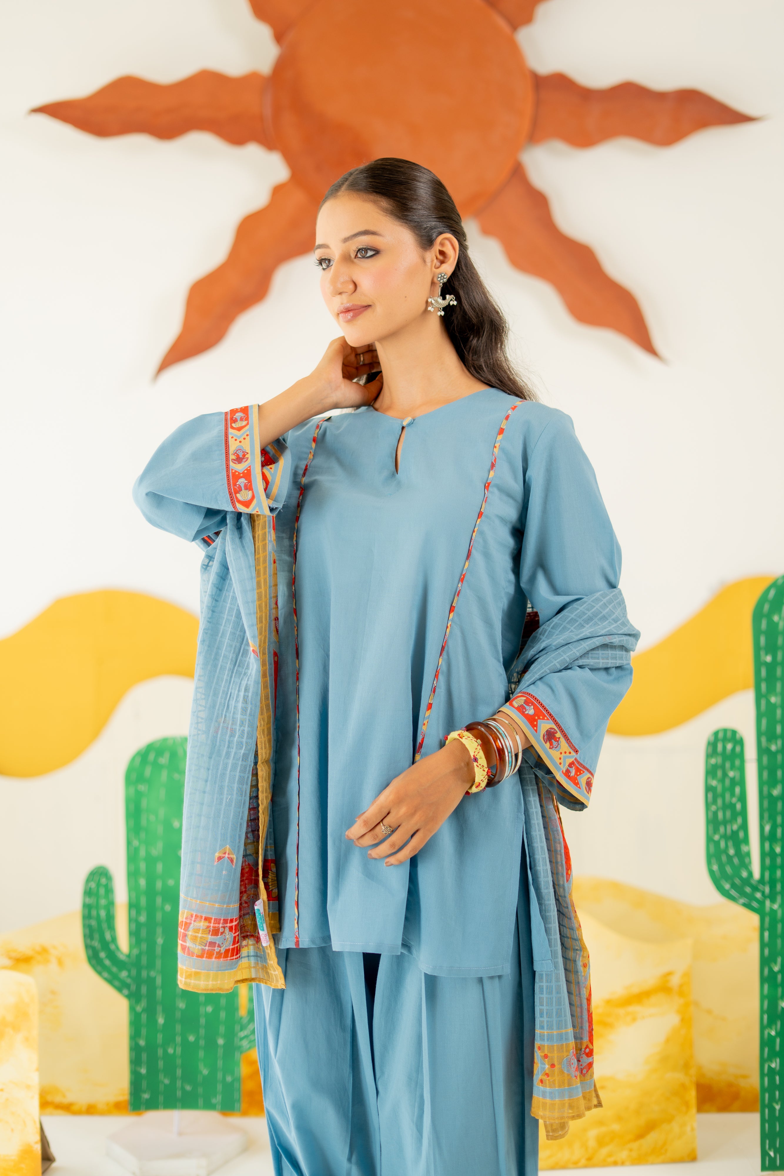 HERITAGE BLUE MAYARA KURTA AND FARSI SALWAR SET OF 3
