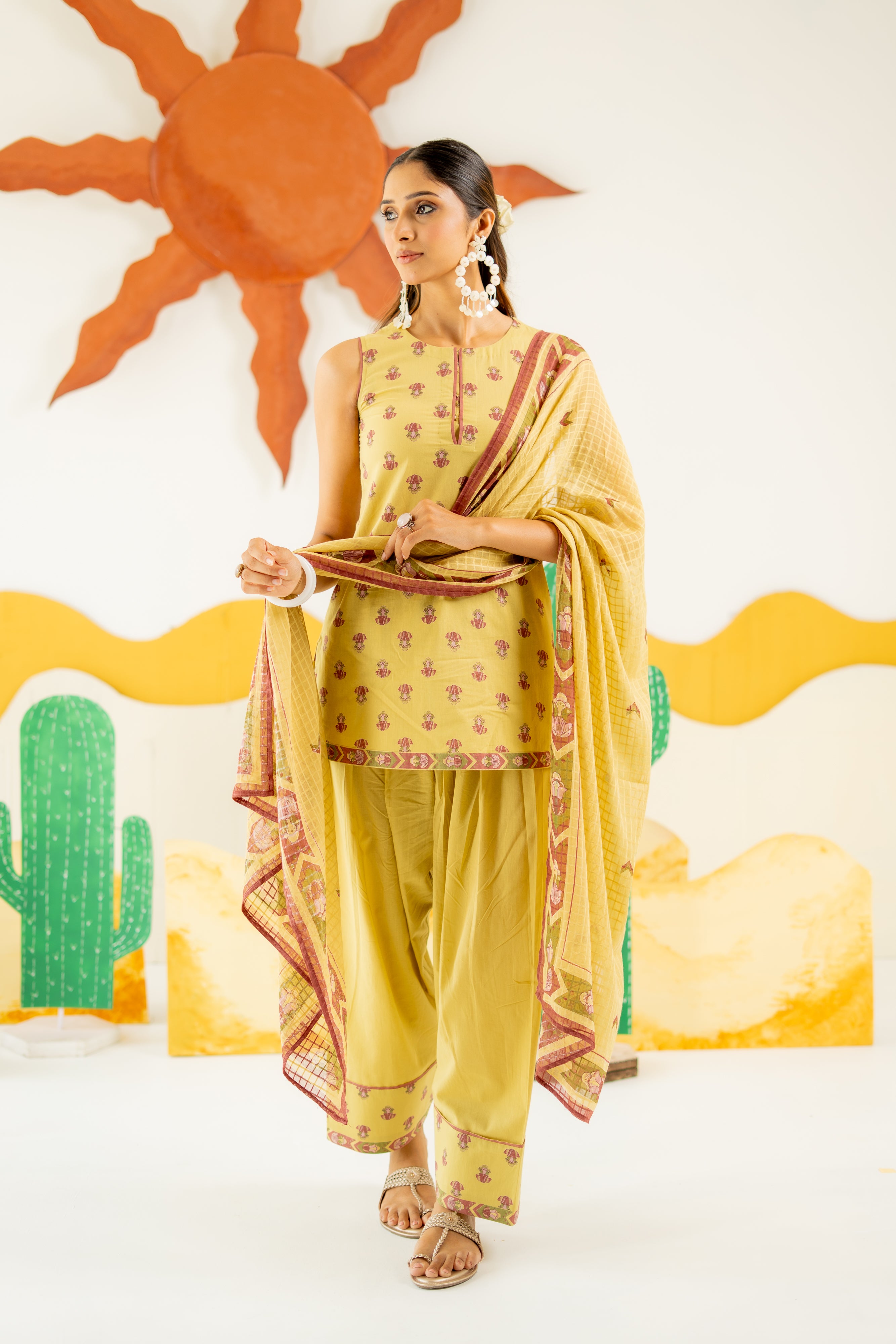 WARM OLIVE KAIRA KURTA AND FARSI SALWAR SET OF 3
