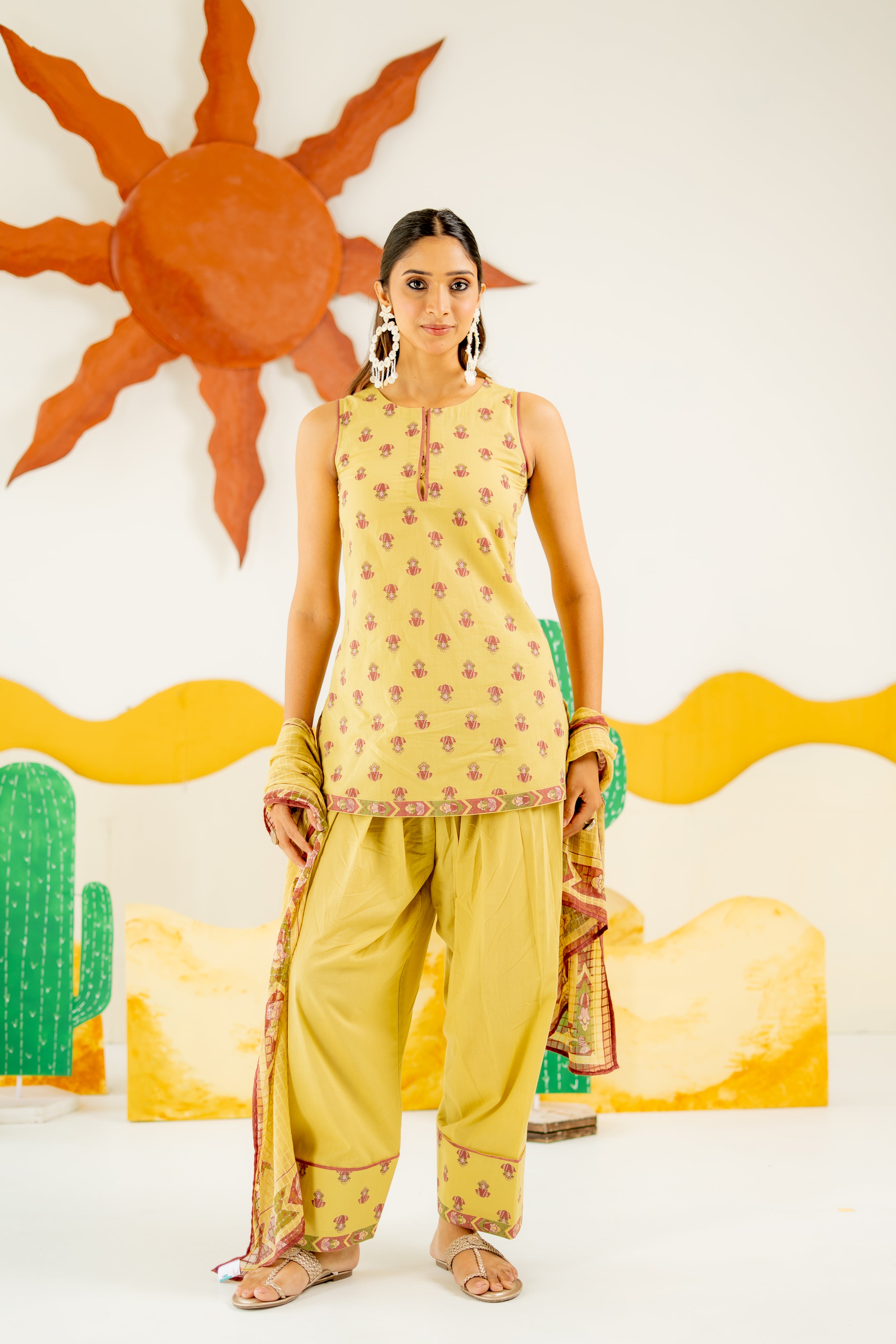 WARM OLIVE KAIRA KURTA AND FARSI SALWAR SET OF 3