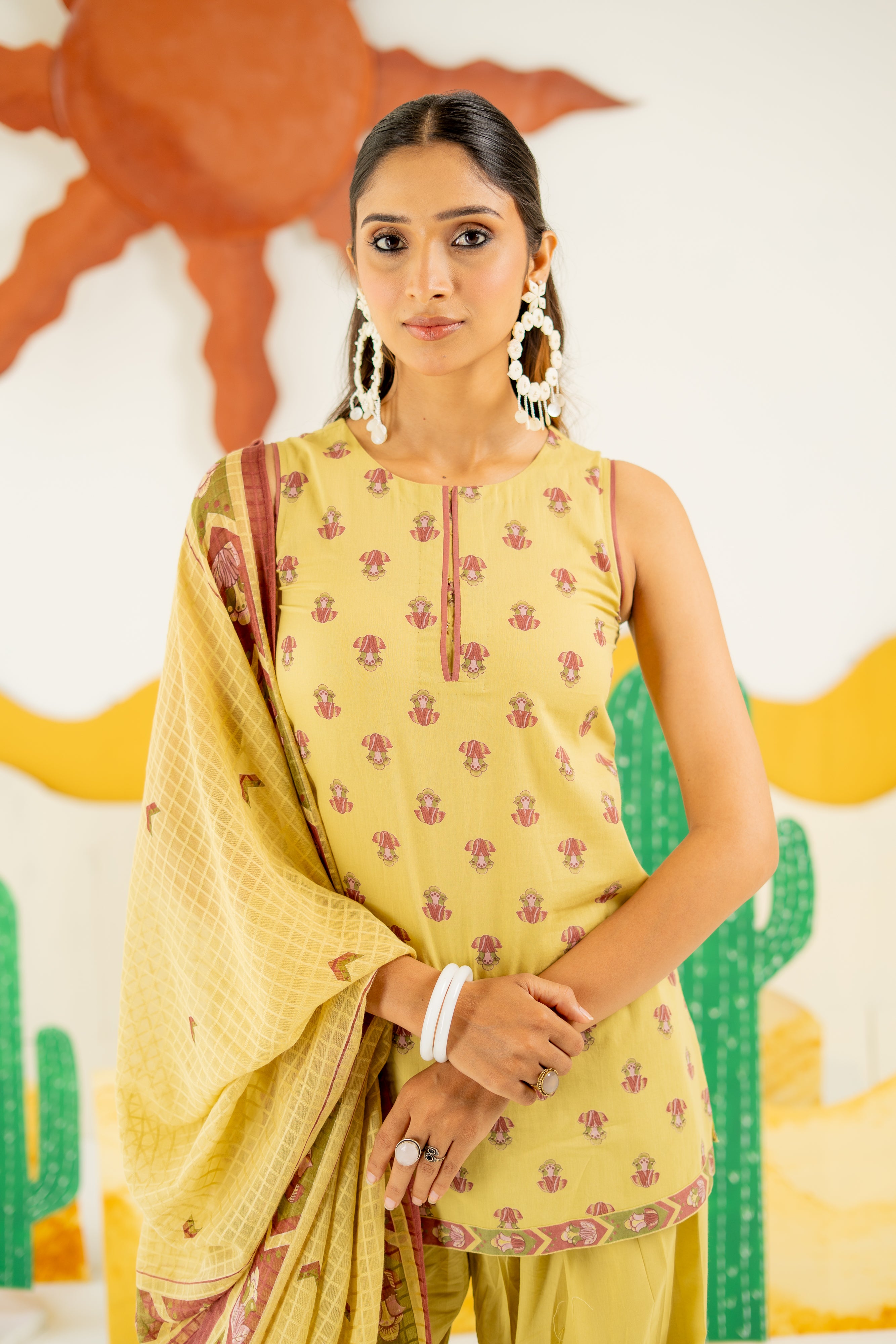 WARM OLIVE KAIRA KURTA AND FARSI SALWAR SET OF 3