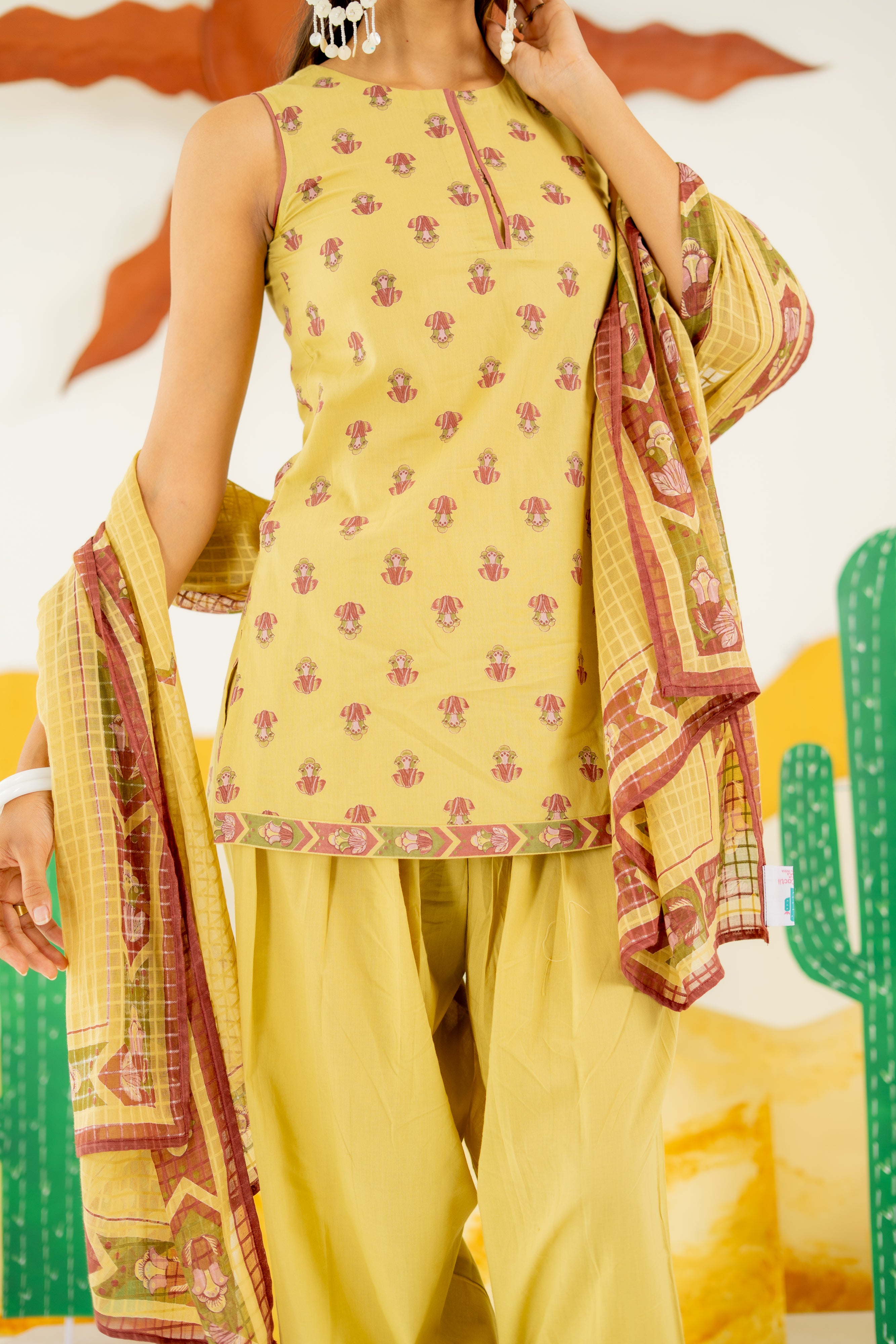 WARM OLIVE KAIRA KURTA AND FARSI SALWAR SET OF 3