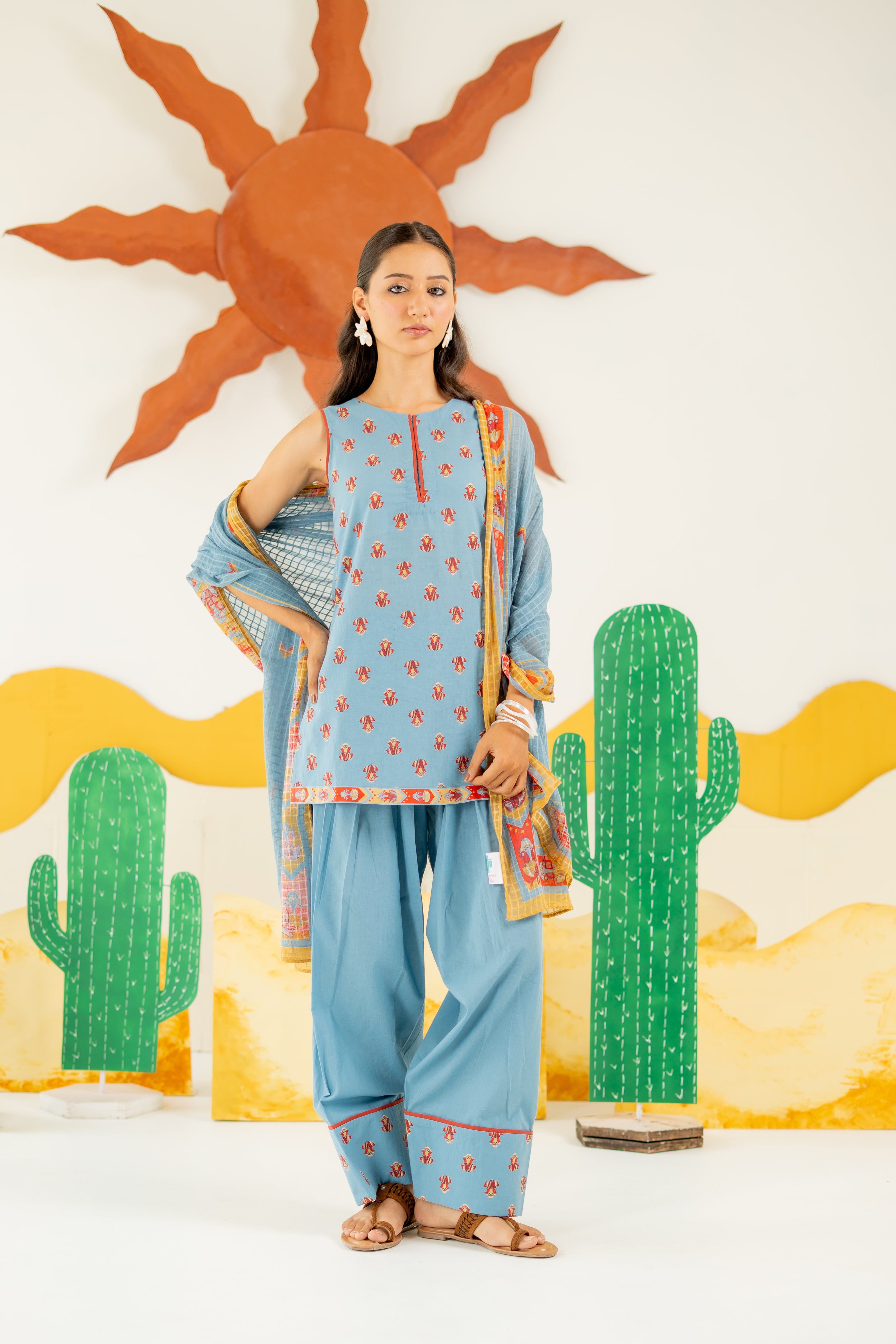 HERITAGE BLUE KAIRA KURTA AND FARSI SALWAR SET OF 3
