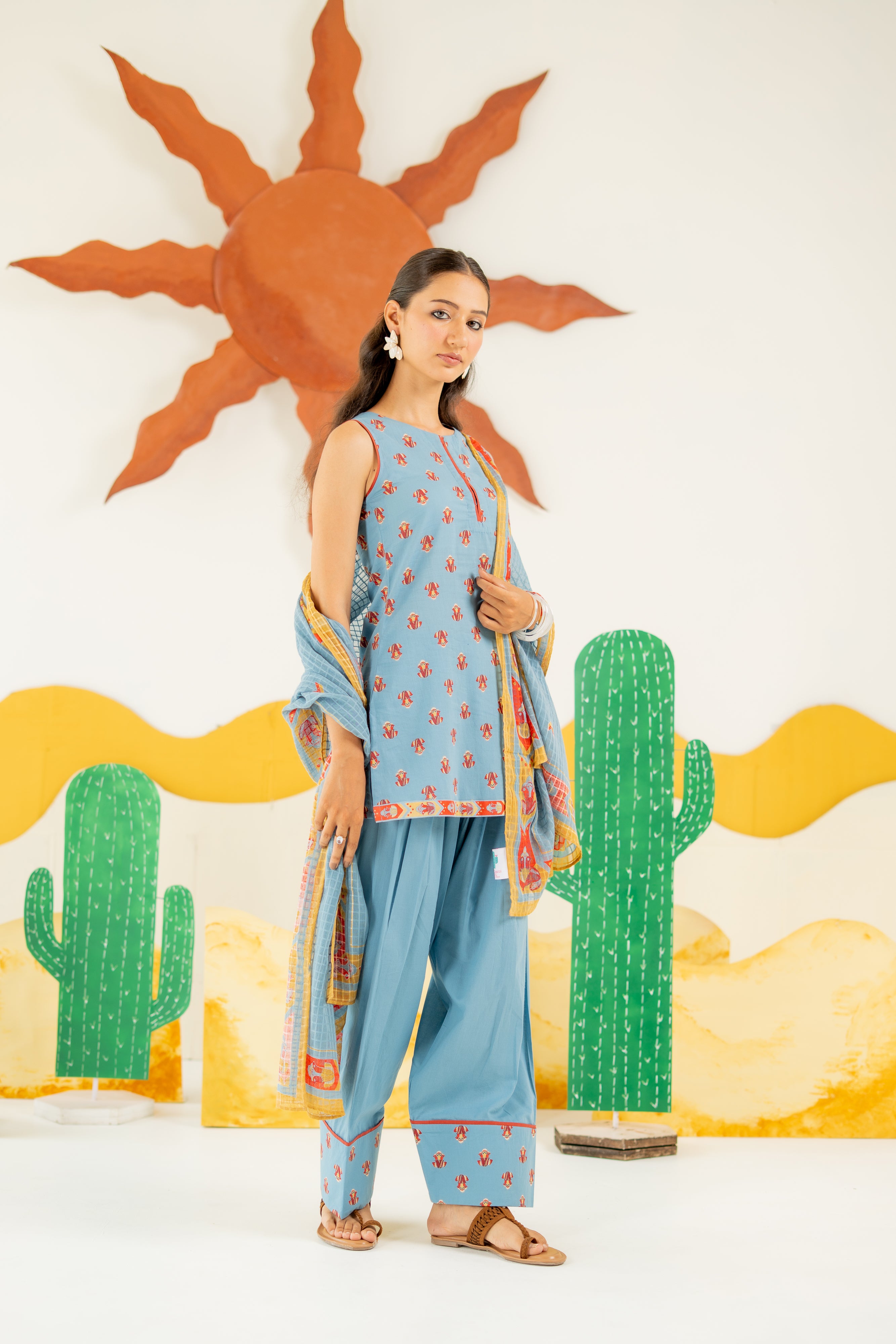 HERITAGE BLUE KAIRA KURTA AND FARSI SALWAR SET OF 3