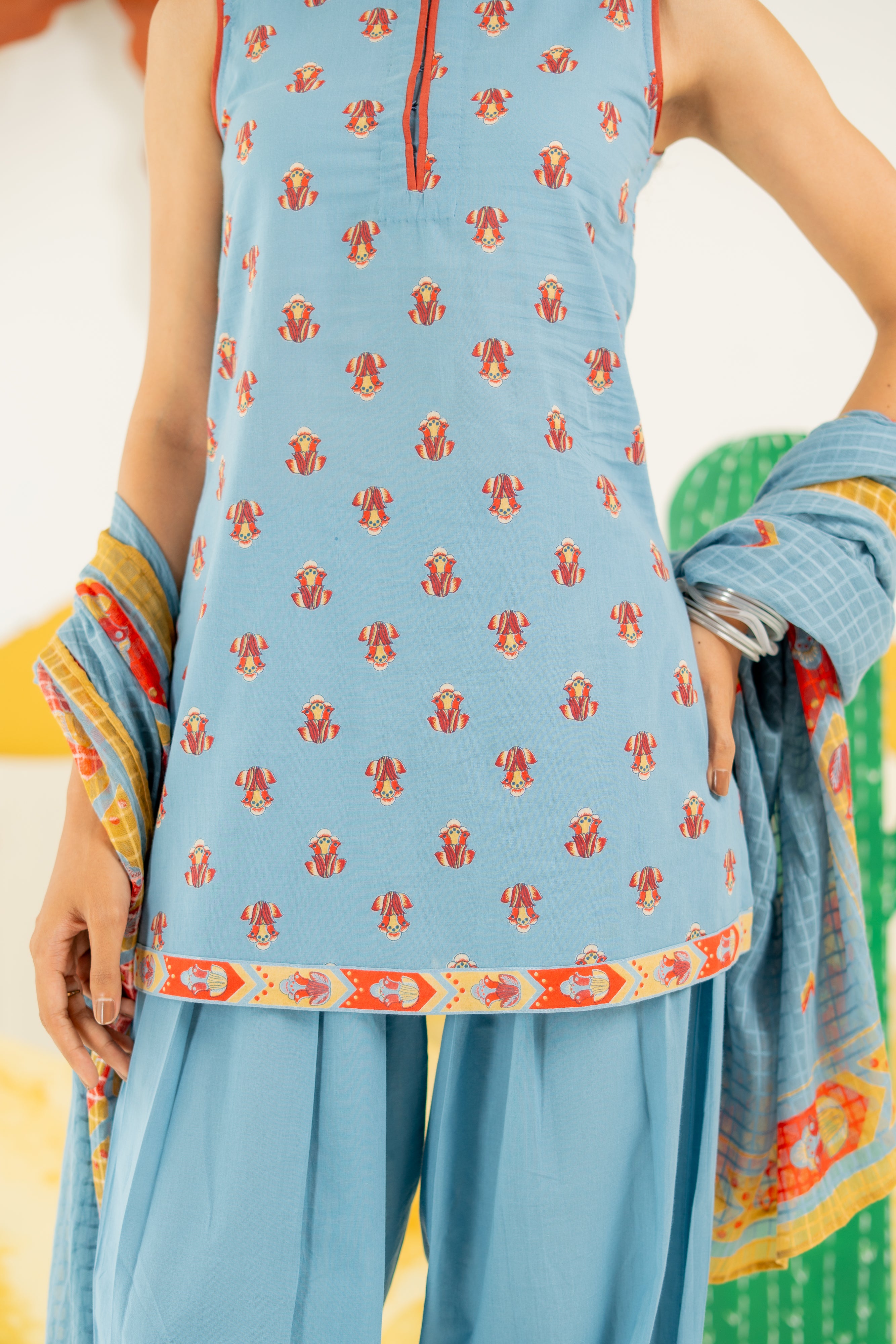 HERITAGE BLUE KAIRA KURTA AND FARSI SALWAR SET OF 3