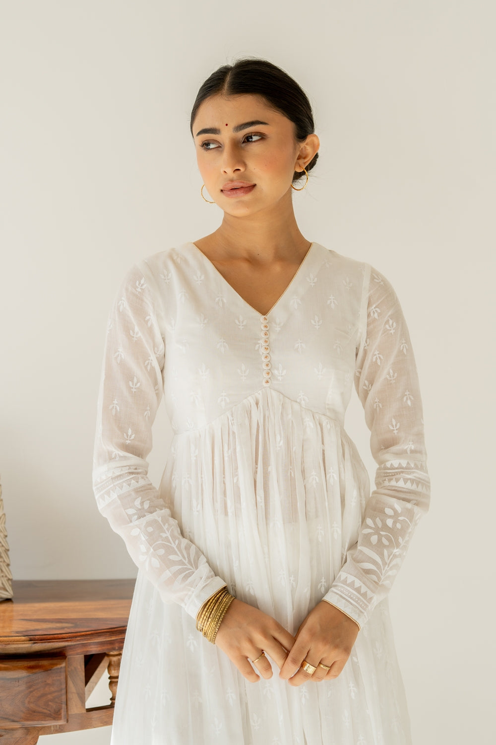 Khwabeeda All White Full Sleeves Anarkali Set (RTS)