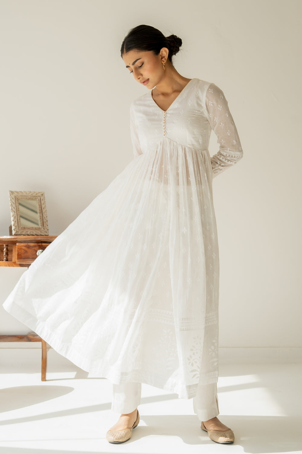 Khwabeeda All White Full Sleeves Anarkali Set (RTS)