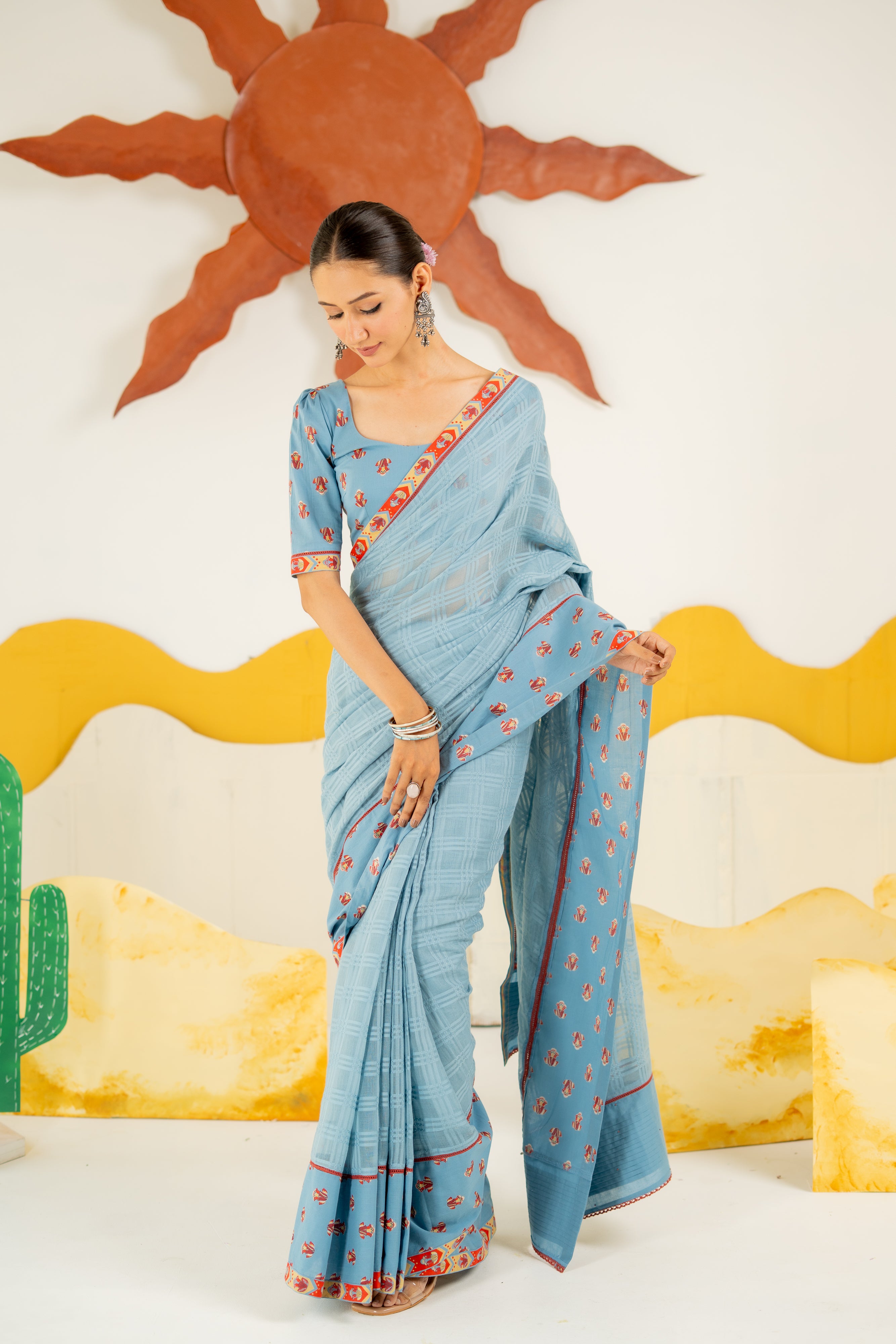HERITAGE BLUE VASUNDHARA SAREE WITH UNSTITCHED BLOUSE