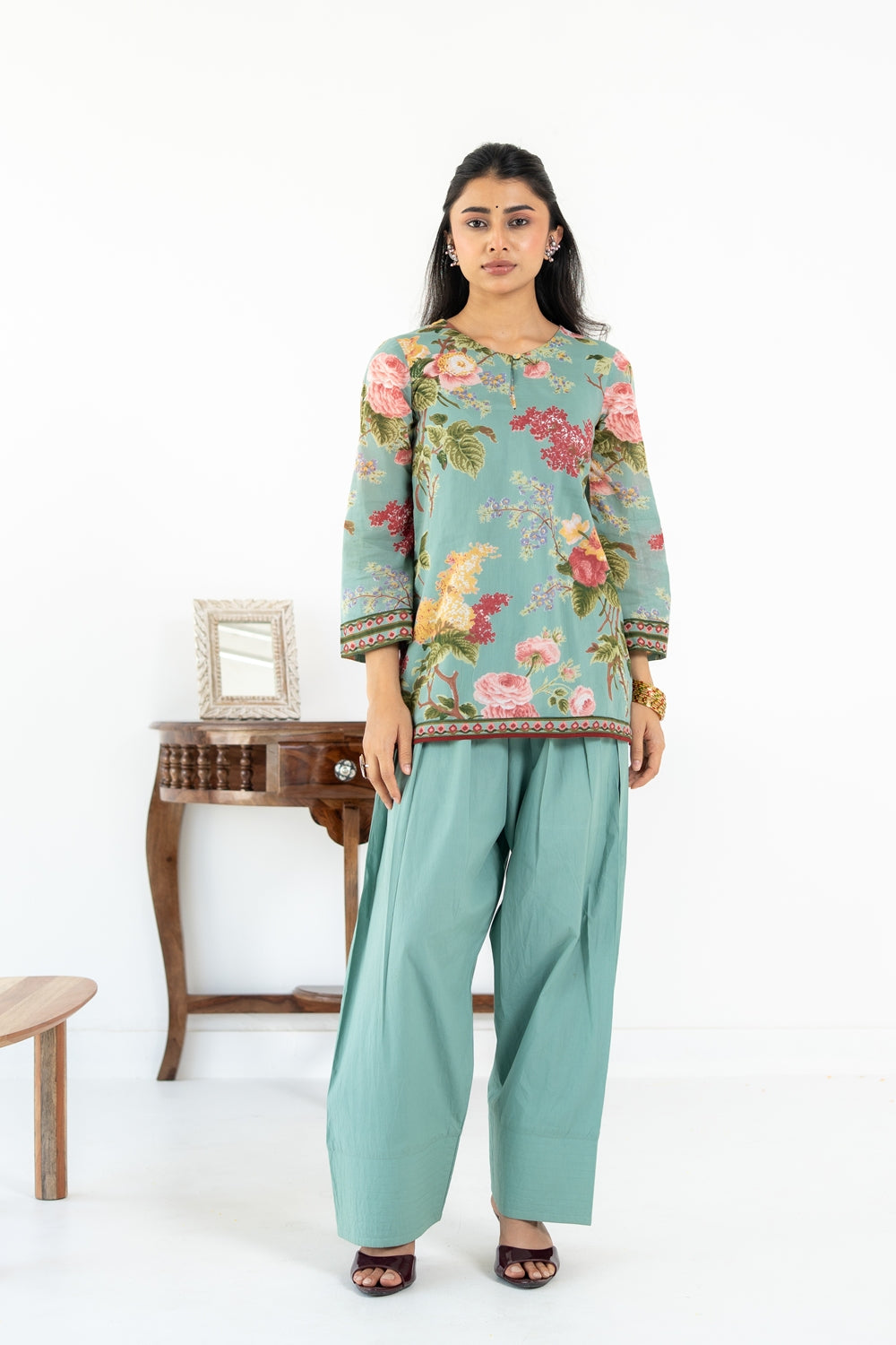 SAGE GREEN NEHER  KURTA WITH FARSI SALWAR  SET OF 3