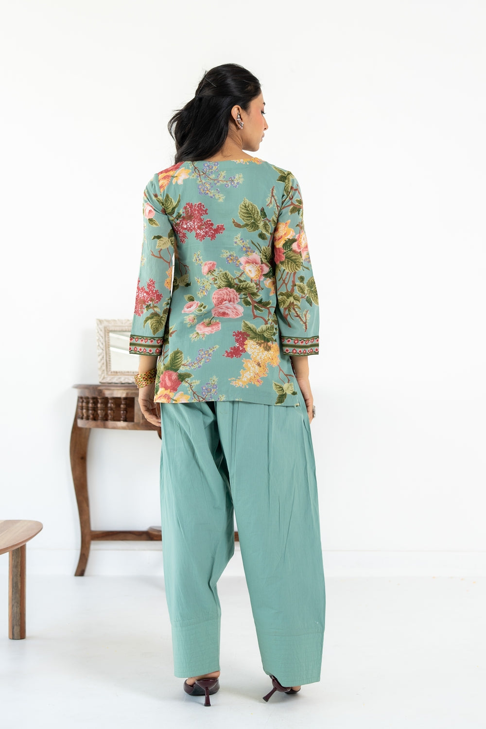 SAGE GREEN NEHER  KURTA WITH FARSI SALWAR  SET OF 3