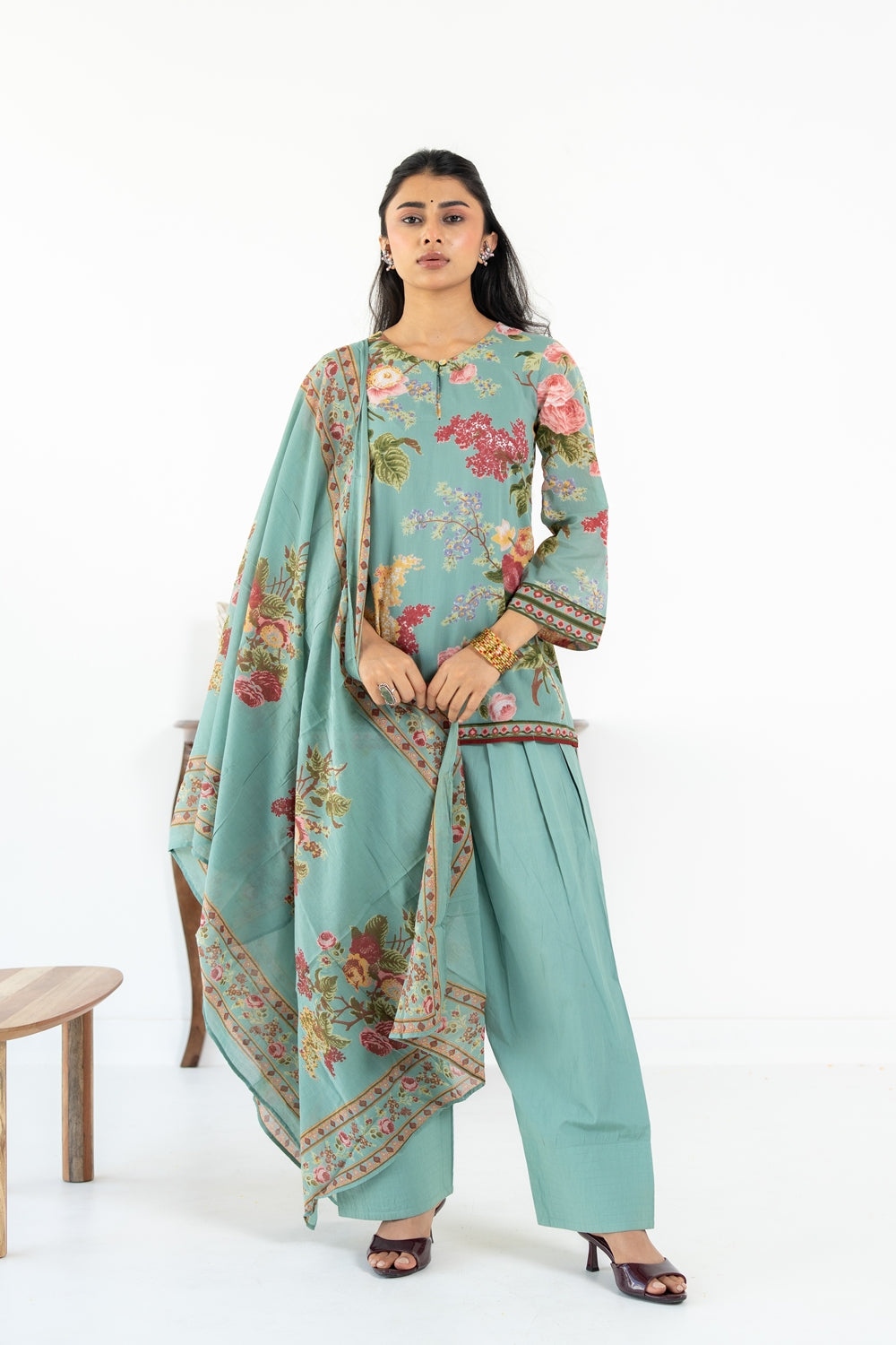 SAGE GREEN NEHER  KURTA WITH FARSI SALWAR  SET OF 3