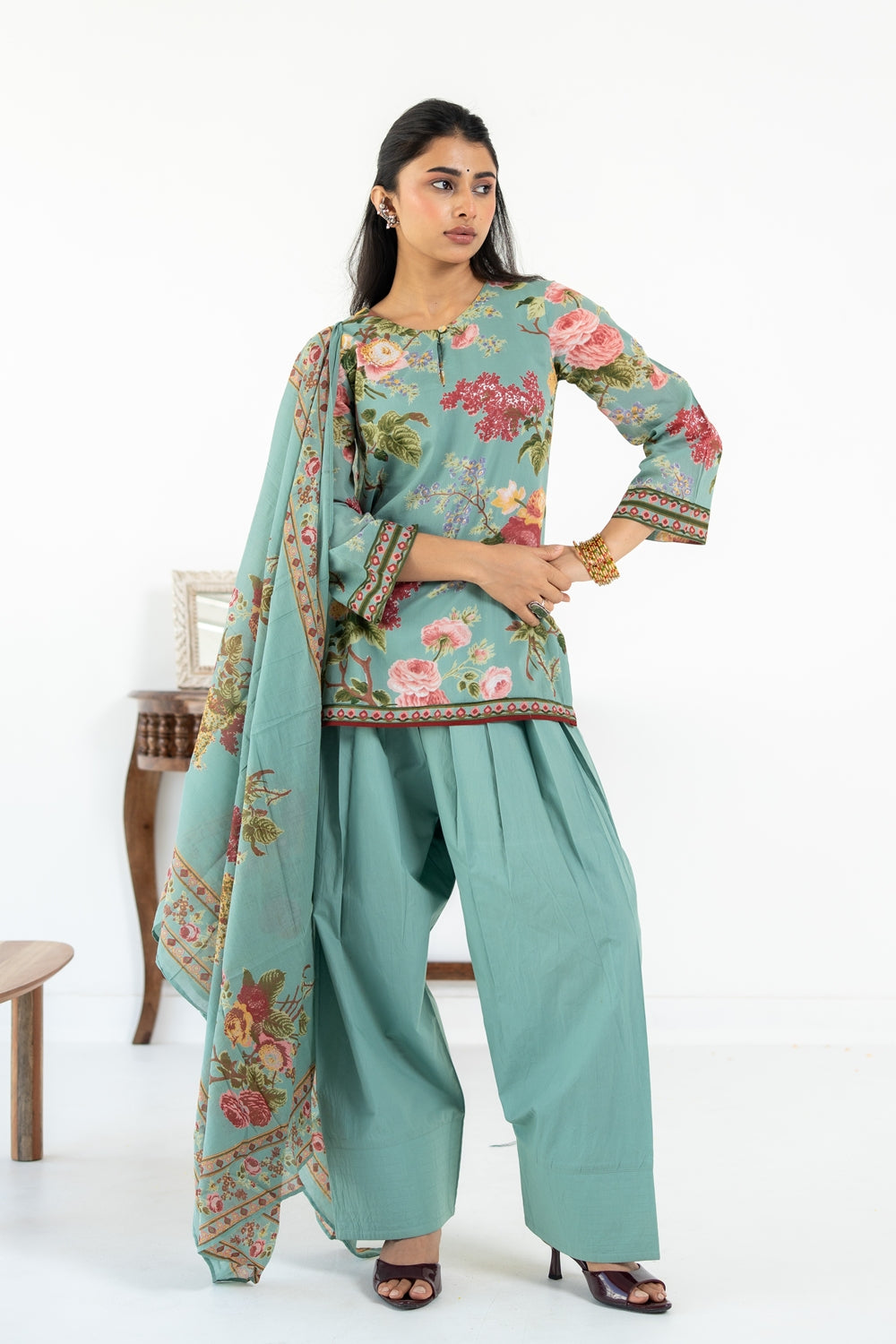 SAGE GREEN NEHER  KURTA WITH FARSI SALWAR  SET OF 3