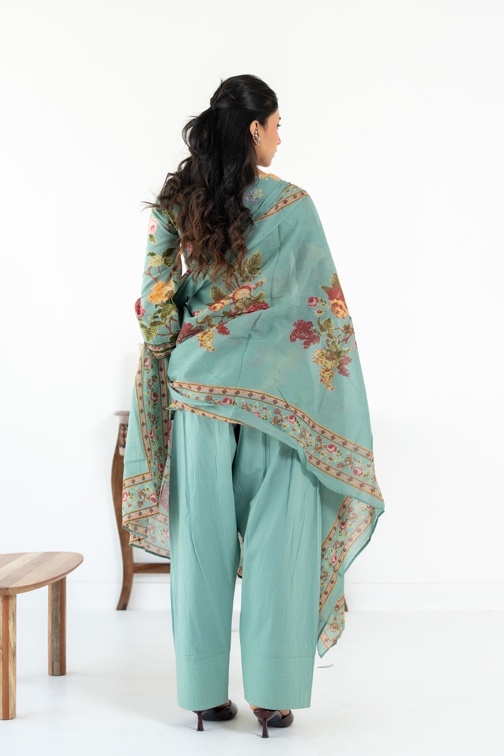 SAGE GREEN NEHER  KURTA WITH FARSI SALWAR  SET OF 3