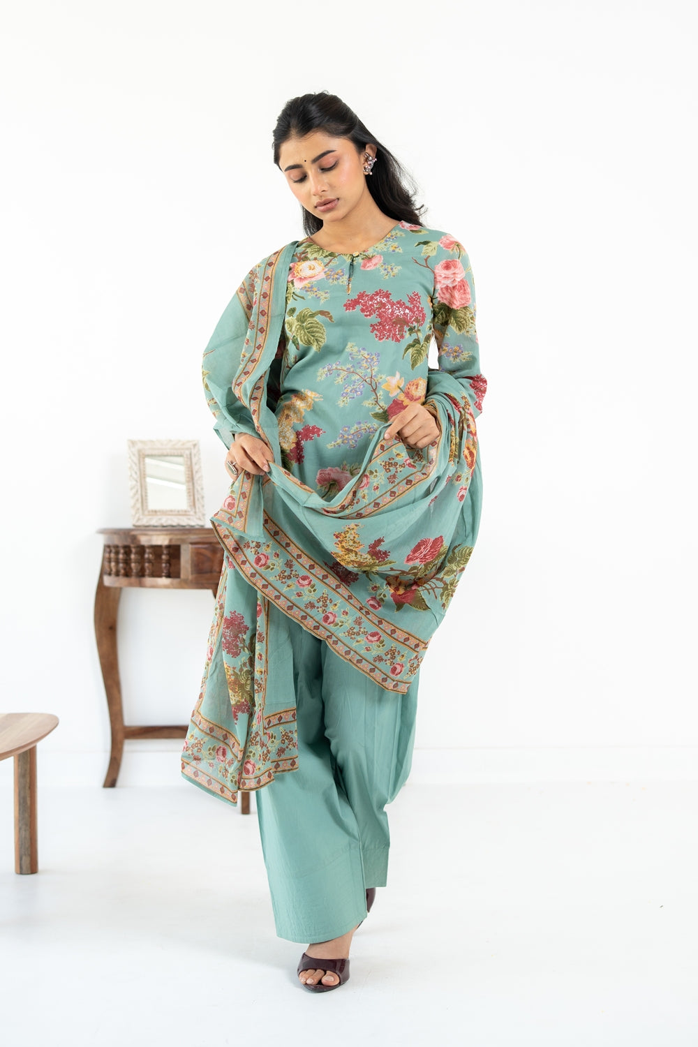 SAGE GREEN NEHER  KURTA WITH FARSI SALWAR  SET OF 3