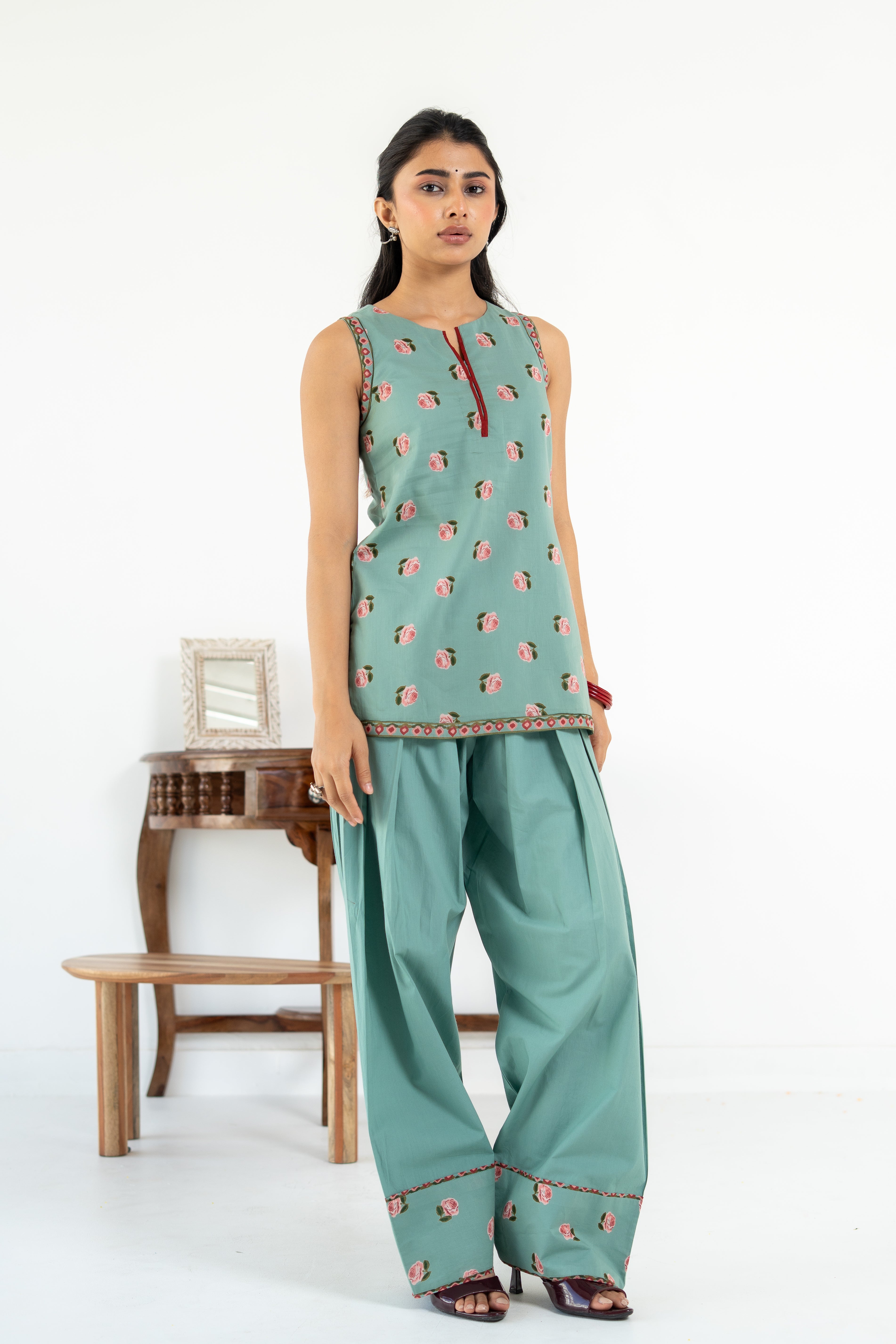 SAGE GREEN ROOH KURTA WITH FARSI SALWAR SET OF 3